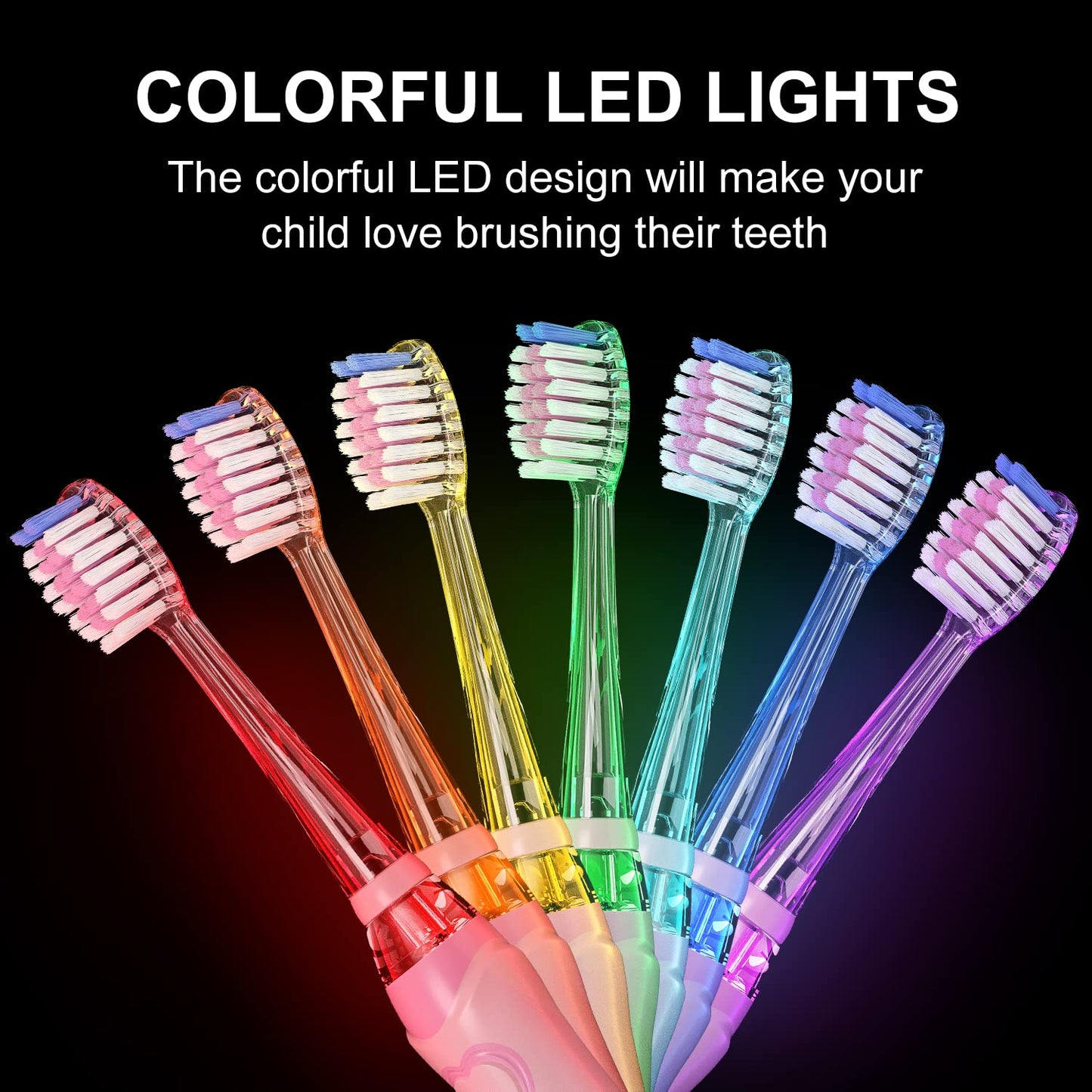 SEAGO SG-977 Kids Electric Toothbrush โ 2-Min Timer, Rainbow LED, 4 Replacement Heads, Green
