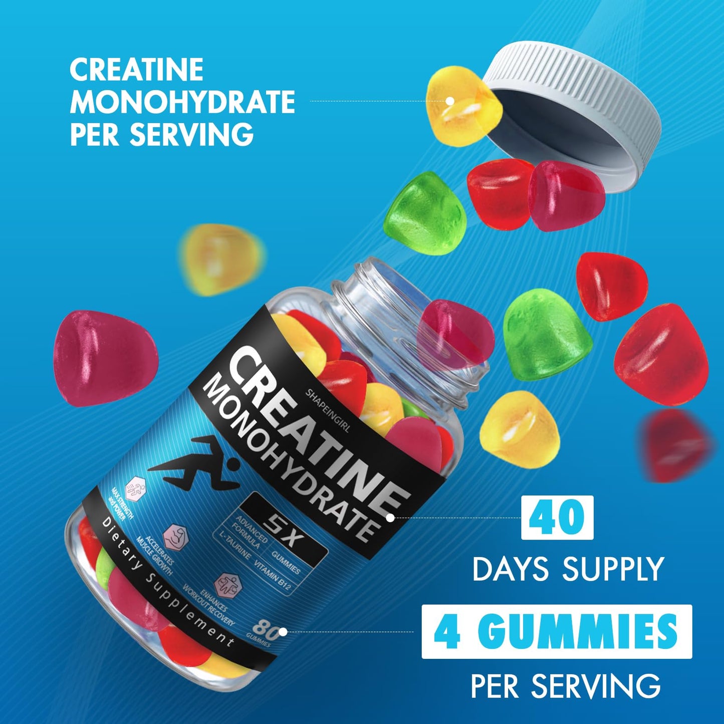 SHAPEINGIRL Creatine Monohydrate Gummies for Women & Men โ Vegan, Vitamin B12, 320-Count