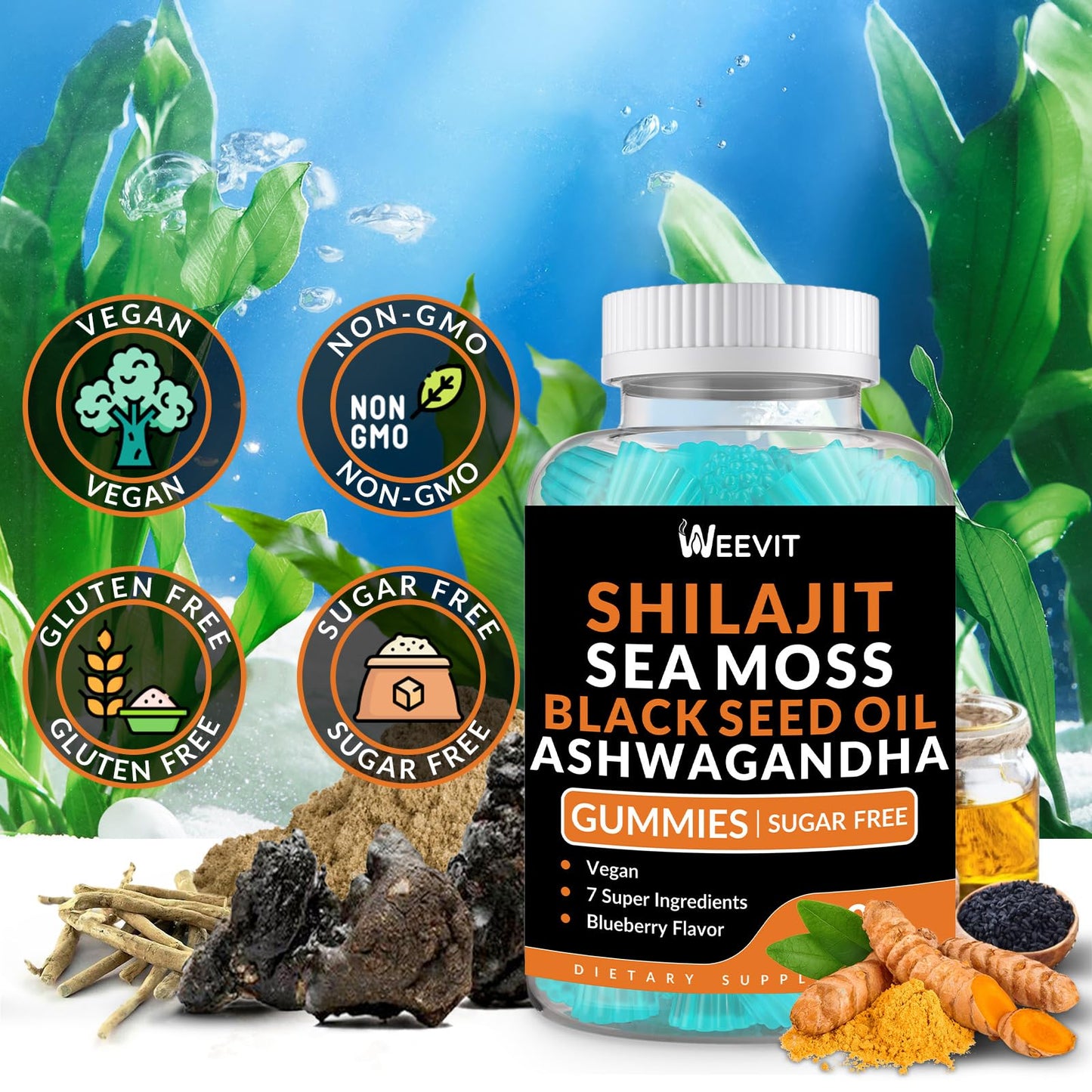 Shilajit Sea Moss Ashwagandha Gummies with Turmeric, Vitamin C & D3 โ Immune Support & Energy