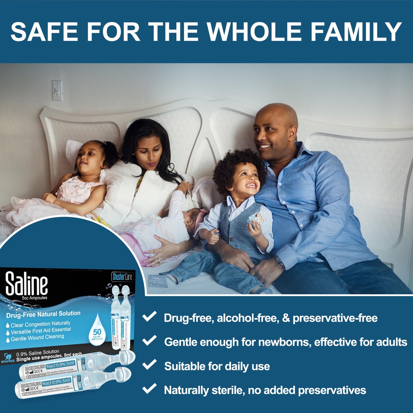 Shusher Care Saline Ampoules 0.9% โ Nebulizer, Nasal Care & Wound Cleaning (50 Count, 5ml)