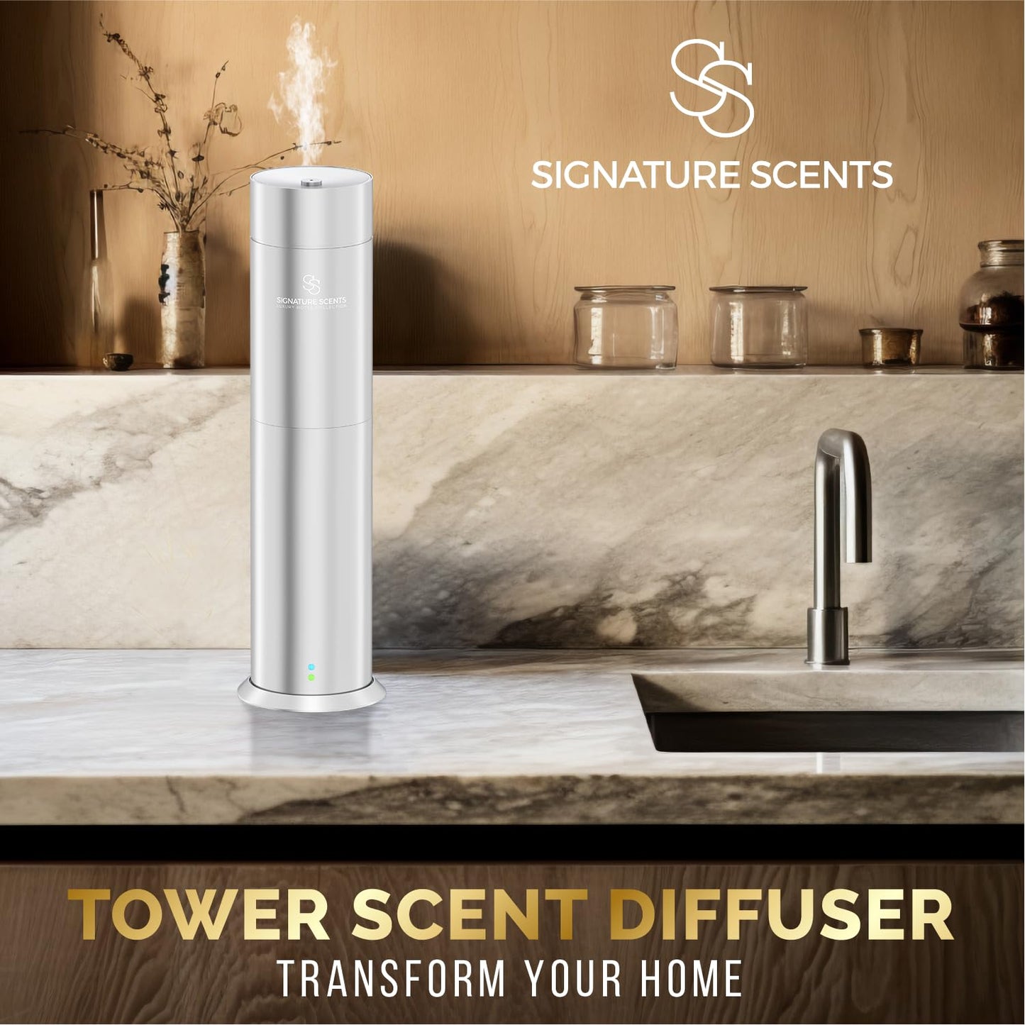 Signature Scents Luxury Waterless Diffuser โ Bluetooth Control, 1000 sq ft (Silver)