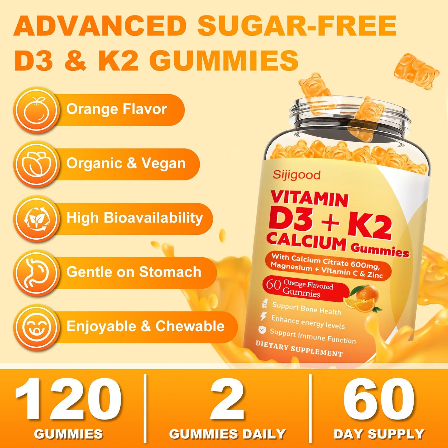 Sijigood Vitamin D3 K2 Gummies โ 10,000 IU D3, 6-in-1 Bone & Immune Support