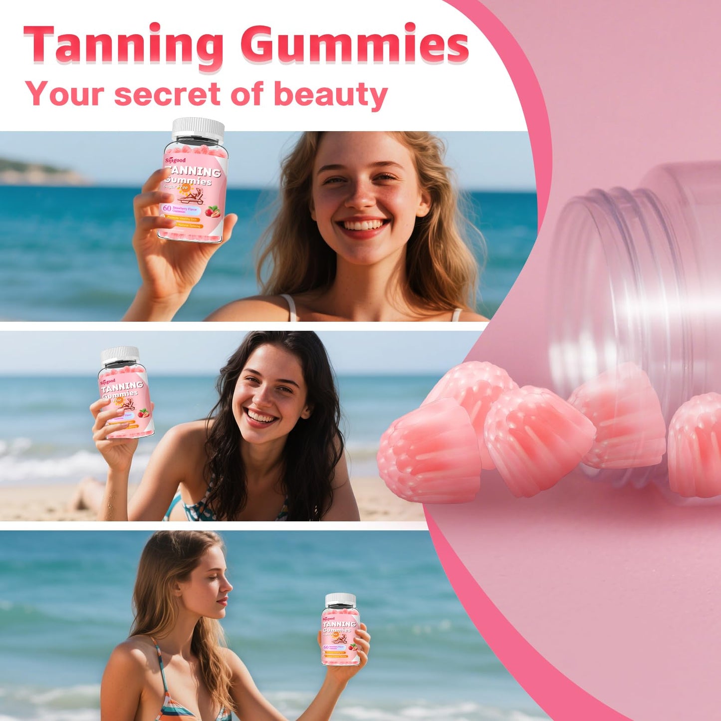 SijiGood 2 Pack Tanning Gummies โ Sugar Free Self Tan, Strawberry, 120 Count