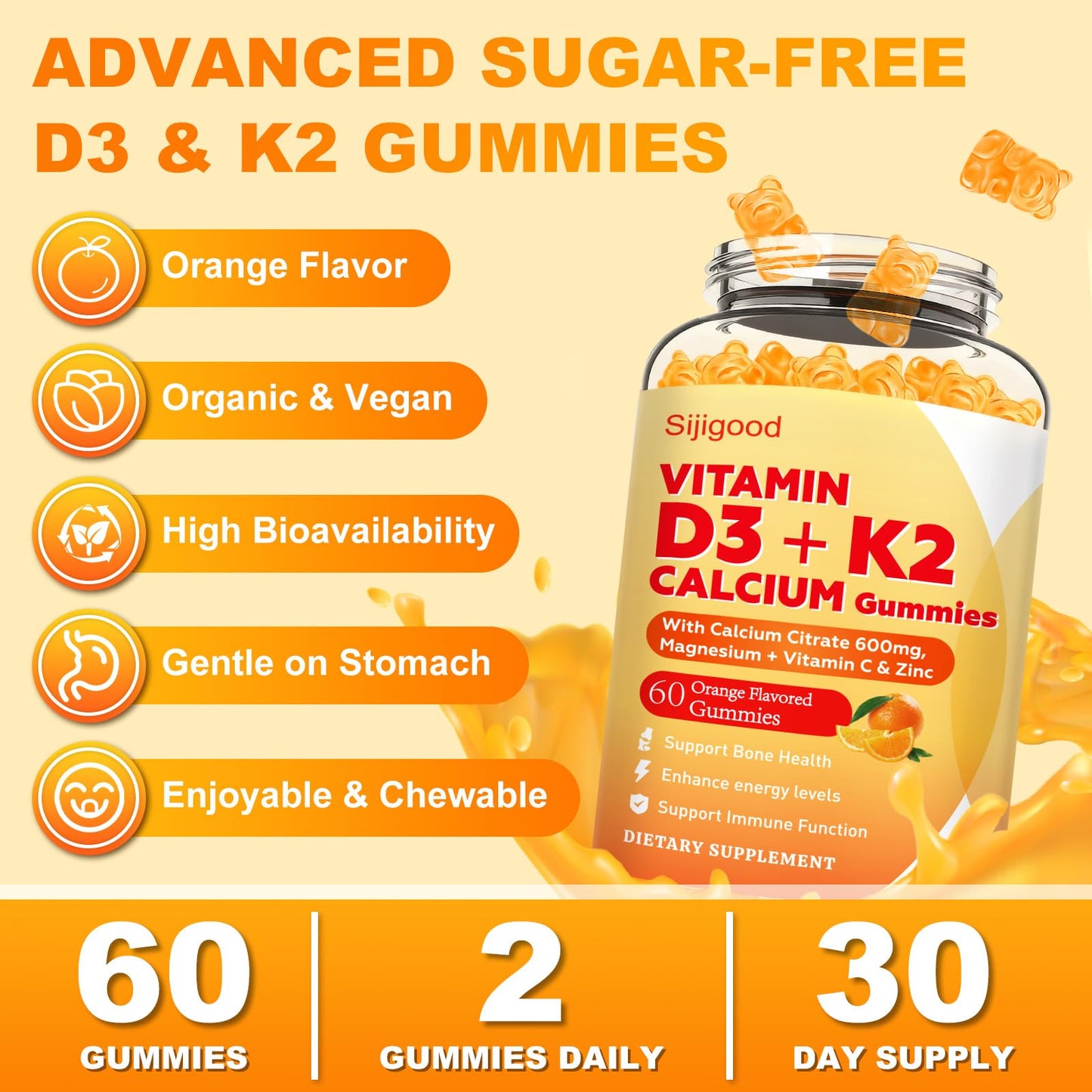 Sijigood Vitamin D3 K2 Gummies โ 10000IU D3, 200mcg K2, 6-in-1 (60 Count)