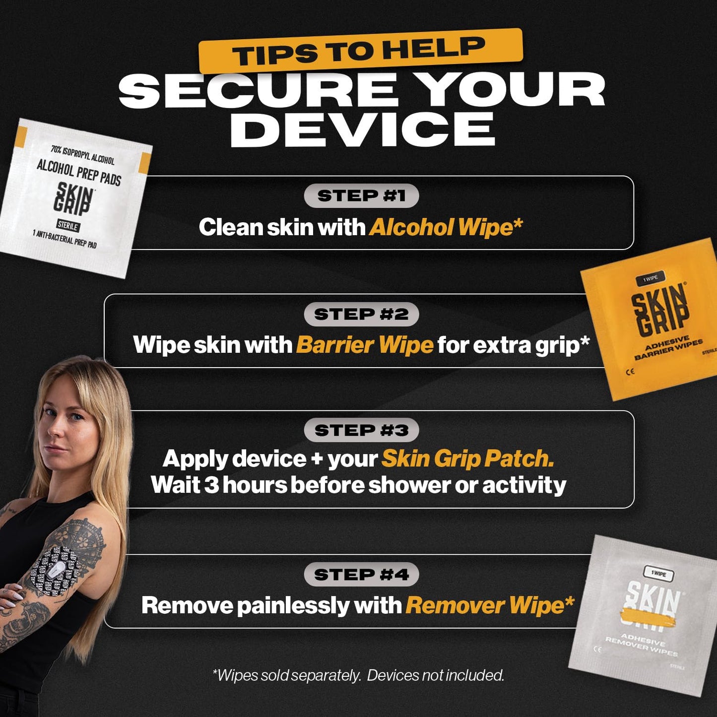 Skin Grip Adhesive Remover Wipes β 50 Ct | Gentle Skin-Safe Removal for Dexcom & CGMs