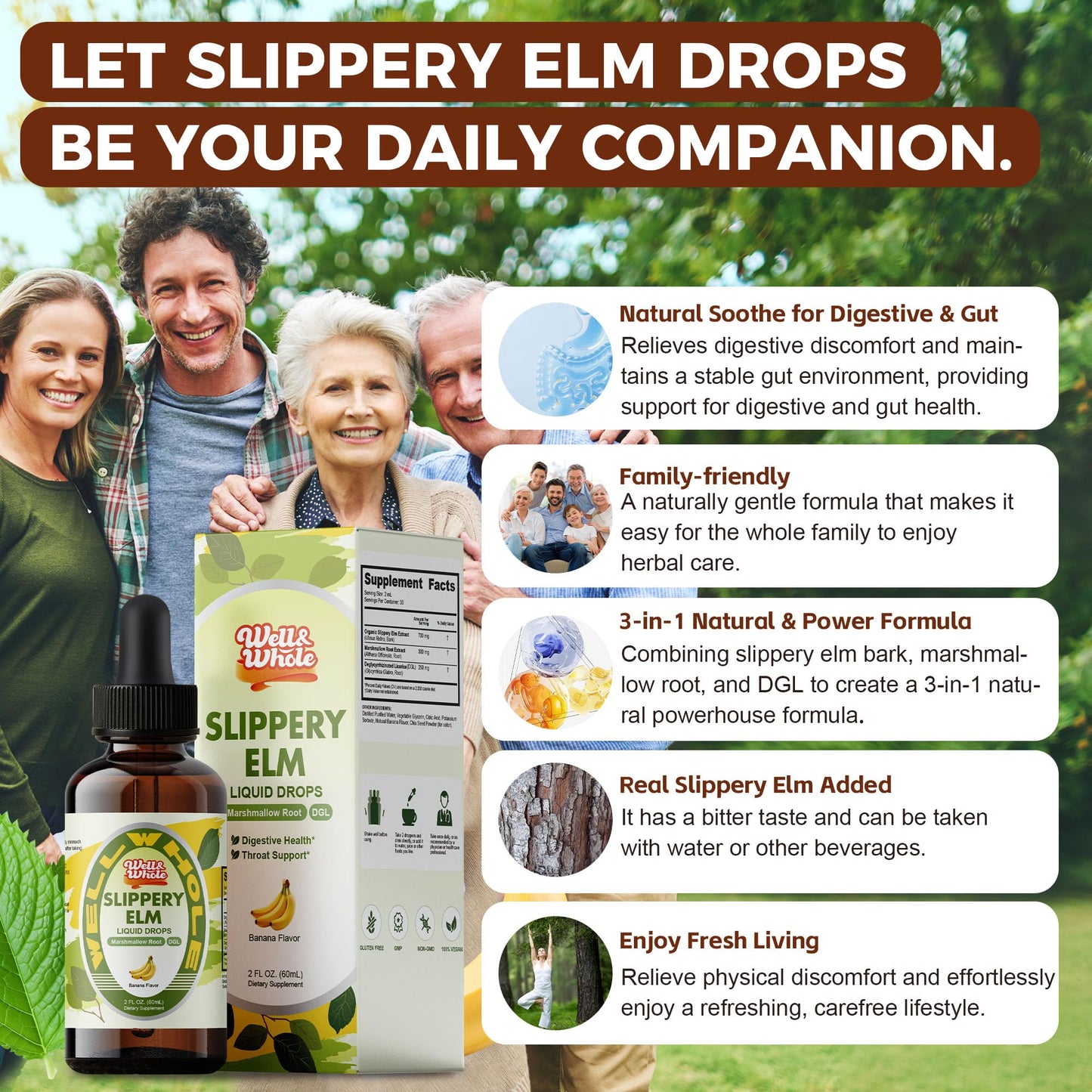 Slippery Elm Liquid Drops with Marshmallow Root & DGL โ Digestive Health, Throat & Immune Support โ Vegan 60ML
