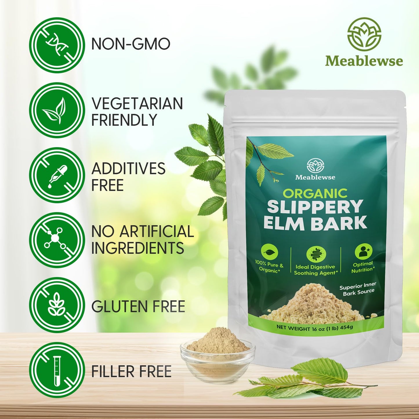 Slippery Elm Powder โ Pure Inner Bark, 1lb (349 Servings) for Throat & Digestive Health, Vegan & Non-GMO