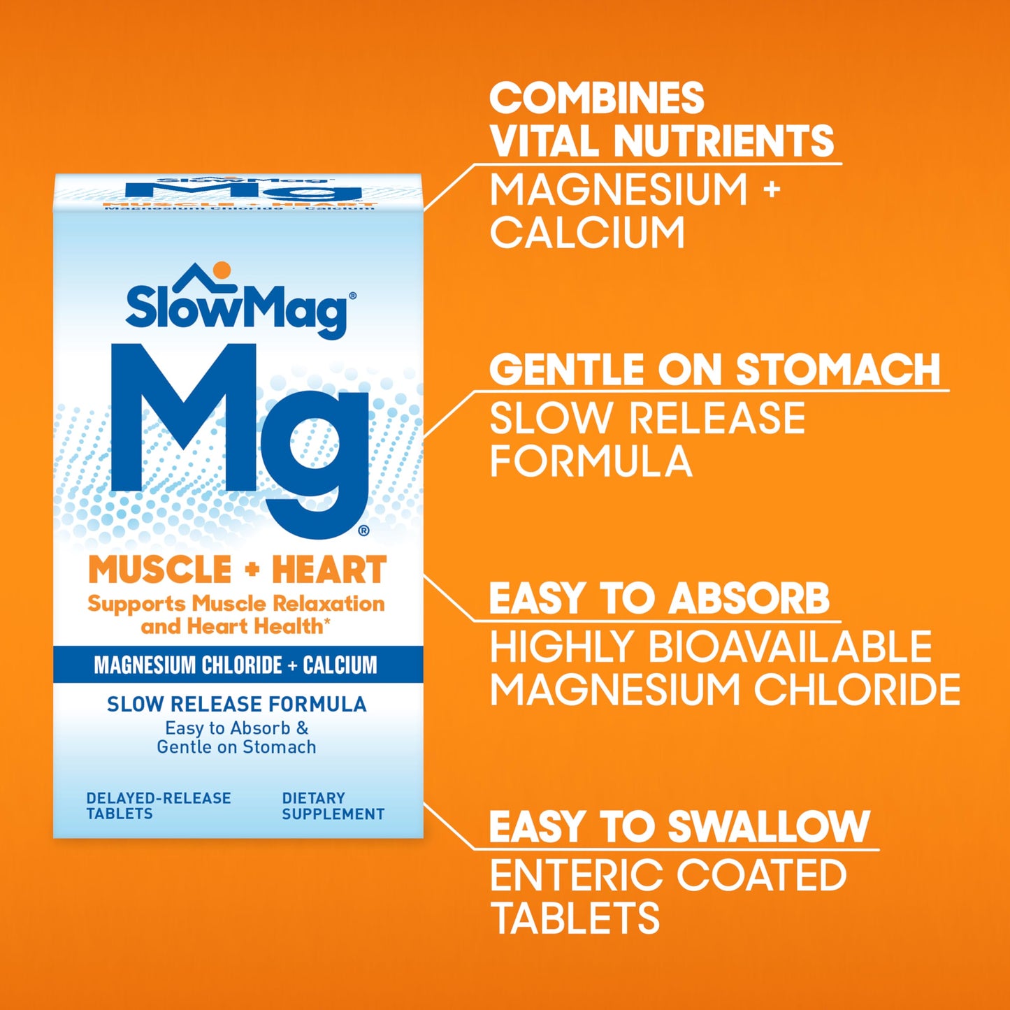 SlowMag Muscle + Heart Magnesium Chloride with Calcium โ Supports Muscle Relaxation & Heart Health (60 Count)