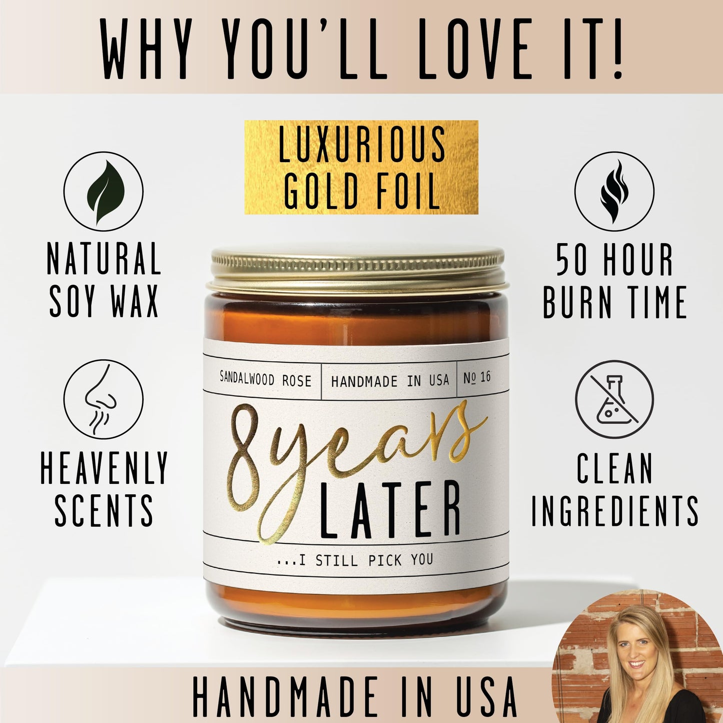 8 Year Anniversary Gift for Her โ 8 Years Later Soy Candle (Sandalwood Rose) | USA Made