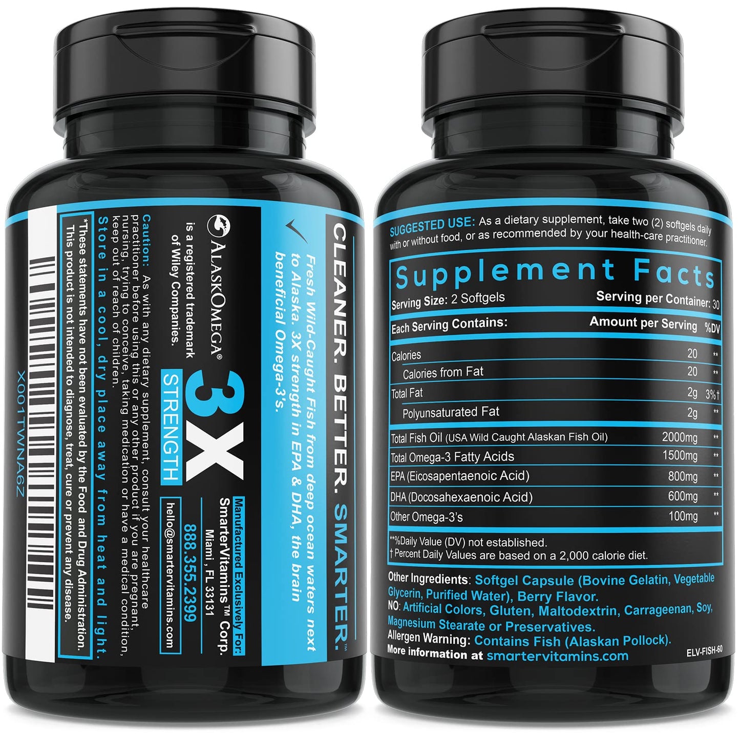 SmarterVitamins Omega-3 5-Pack β Berry Burpless Fish Oil, 2000mg DHA EPA, AlaskOmega