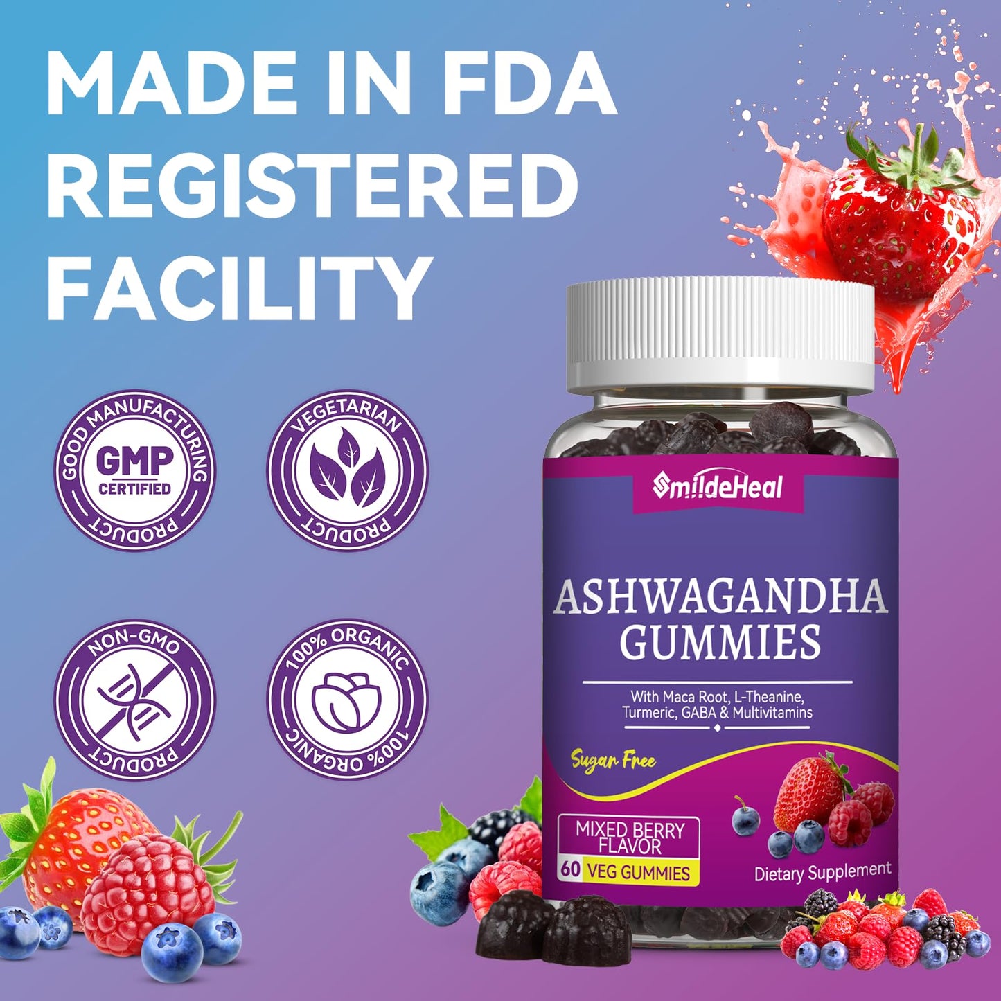 SmildeHeal Ashwagandha Gummies 3000mg โ Stress Relief, Immune Support & Energy (60 Count)