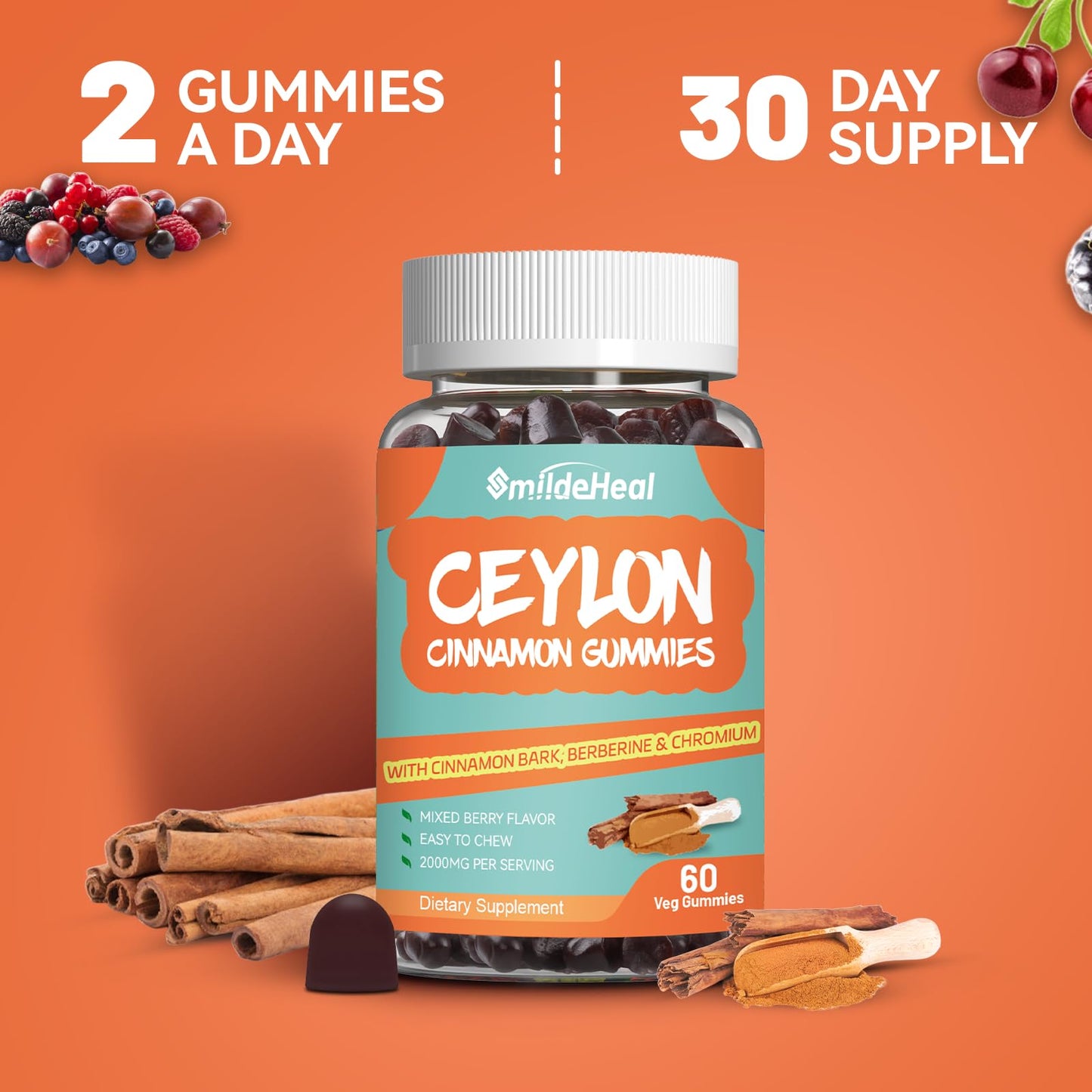 SmildeHeal Sugar Free Ceylon Cinnamon Gummies 2000MG โ Vegan, Non-GMO, 60 Gummies