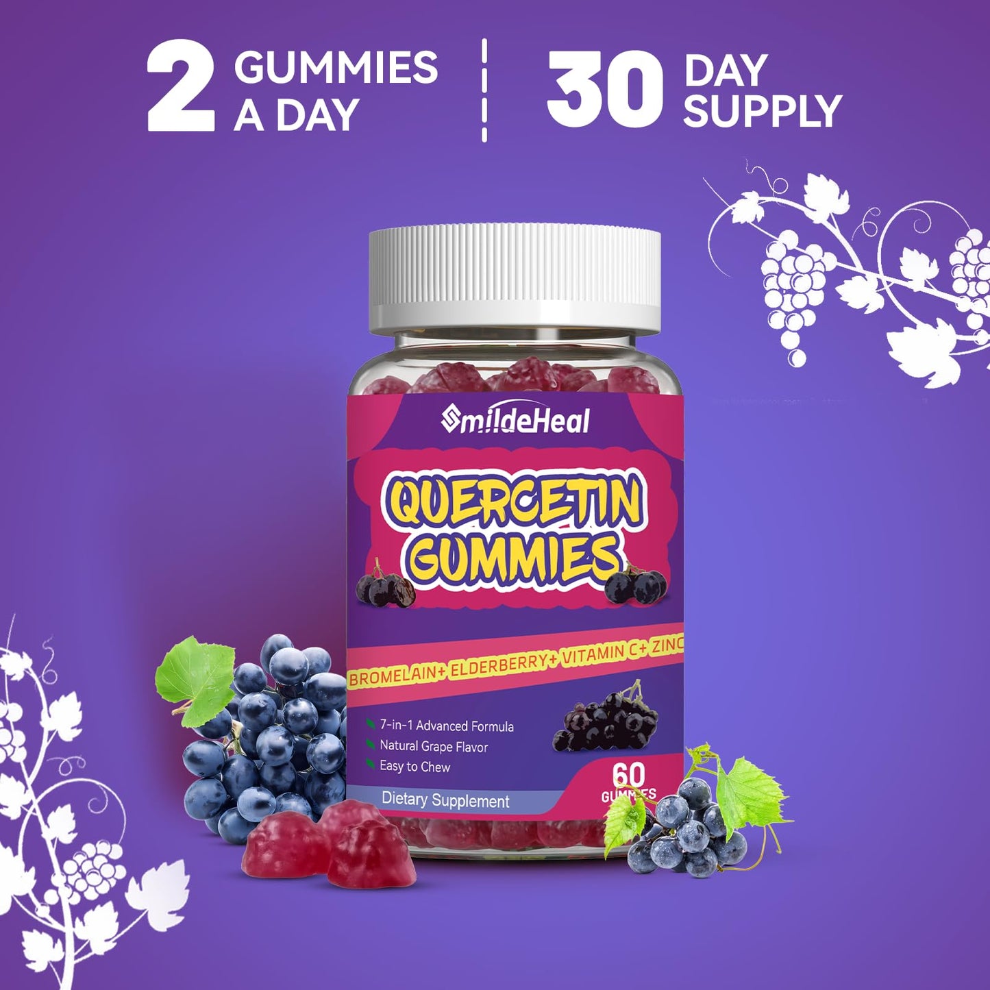 SmildeHeal 2 Pack Quercetin Gummies 1200MG โ Vegan Immune Support
