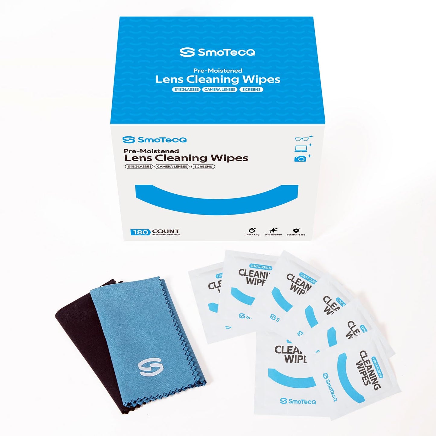 SmoTecQ Eyeglass Cleaning Wipes Kit โ 180 Wipes + 2 Microfiber Cloths