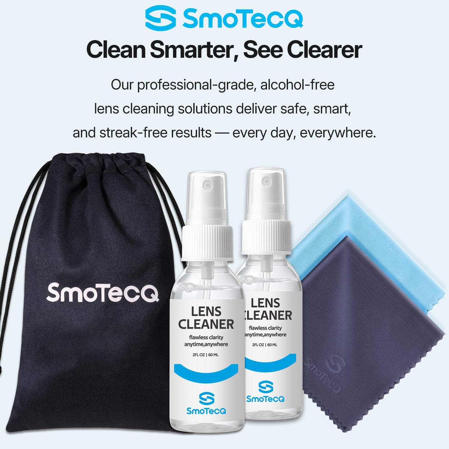 SmoTecQ Glasses Cleaner Kit โ Alcohol-Free Spray & Microfiber Cloths