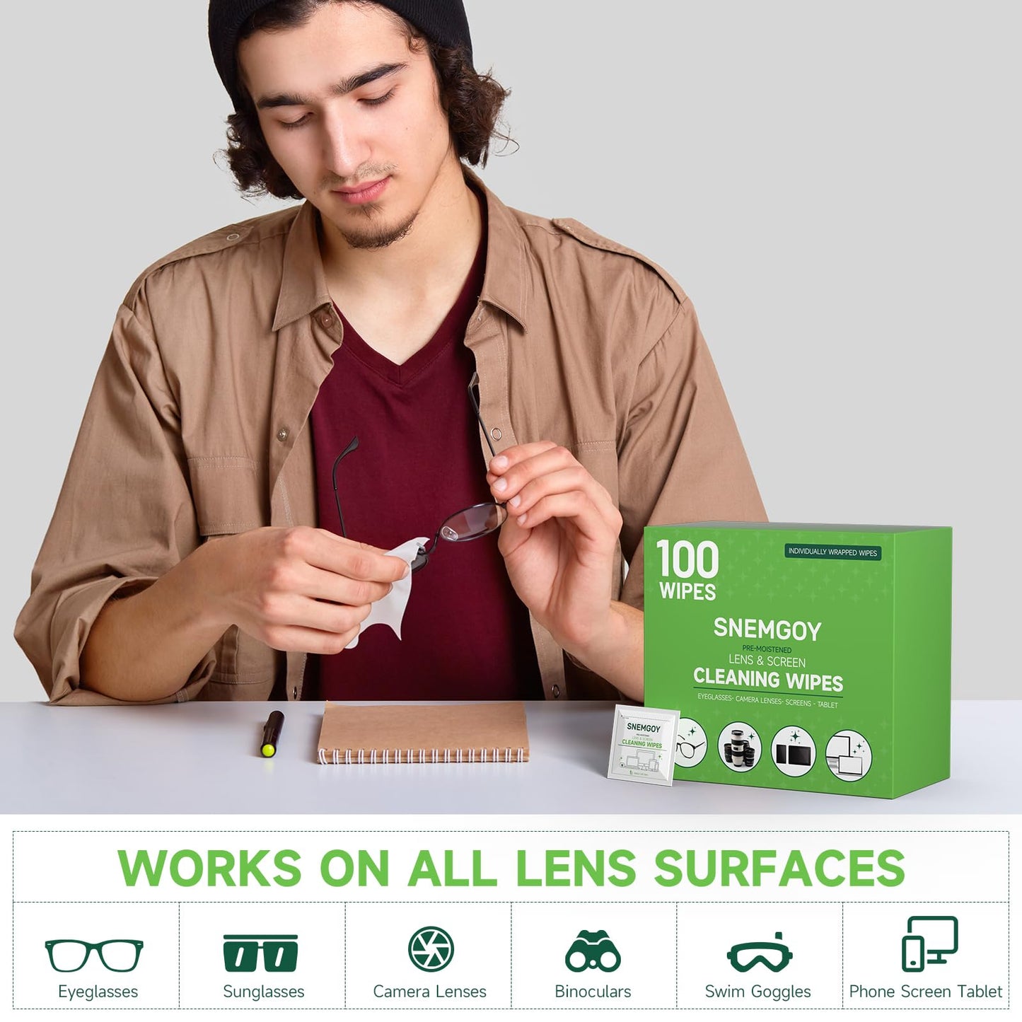 SNEMGOY 100 Count Lens Cleaning Wipes β Pre-Moistened & Individually Wrapped