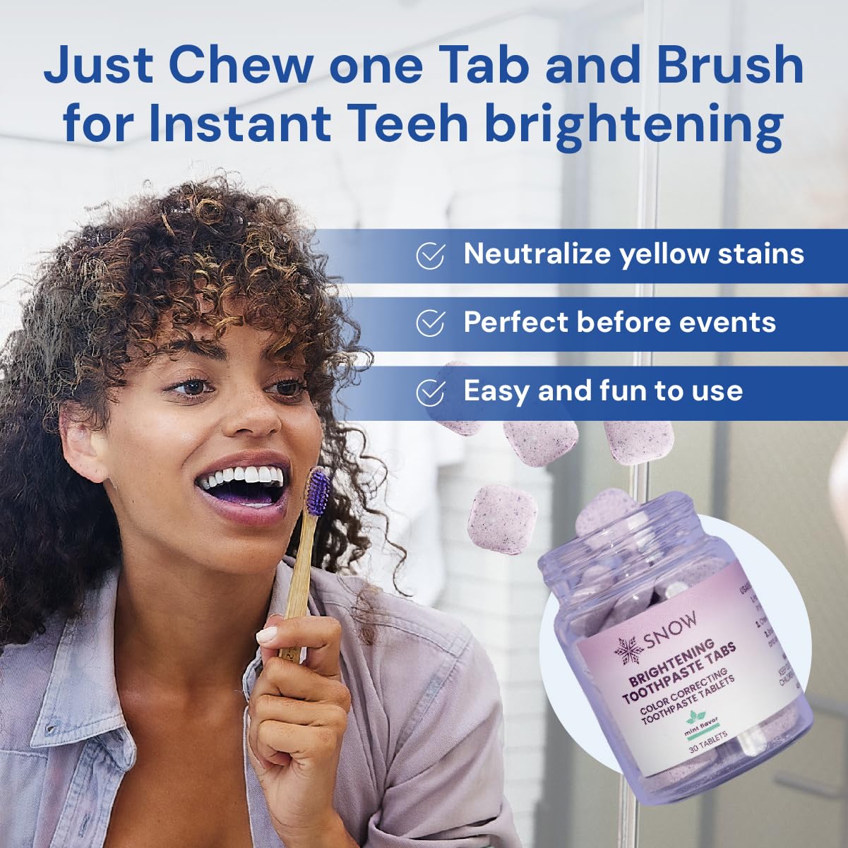 SNOW Purple Whitening Toothpaste Tablets โ 30 Count | Color-Correcting Whitening Tabs