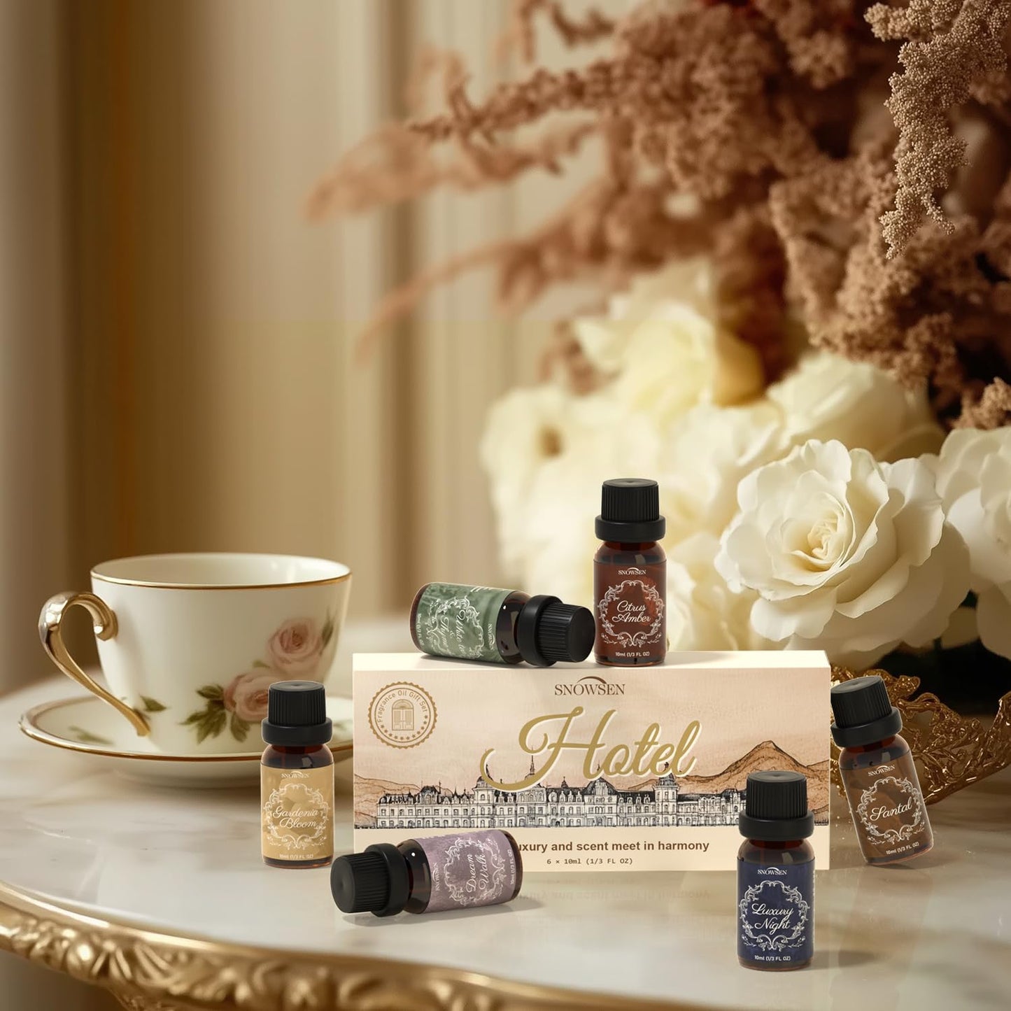 SNOWSEN Fragrance Oils Hotel Set β Santal, Luxury Night, White Tea & Thyme, Gardenia Bloom, Dream Walk, Citrus Amber β Diffuser, Candle & Soap Making
