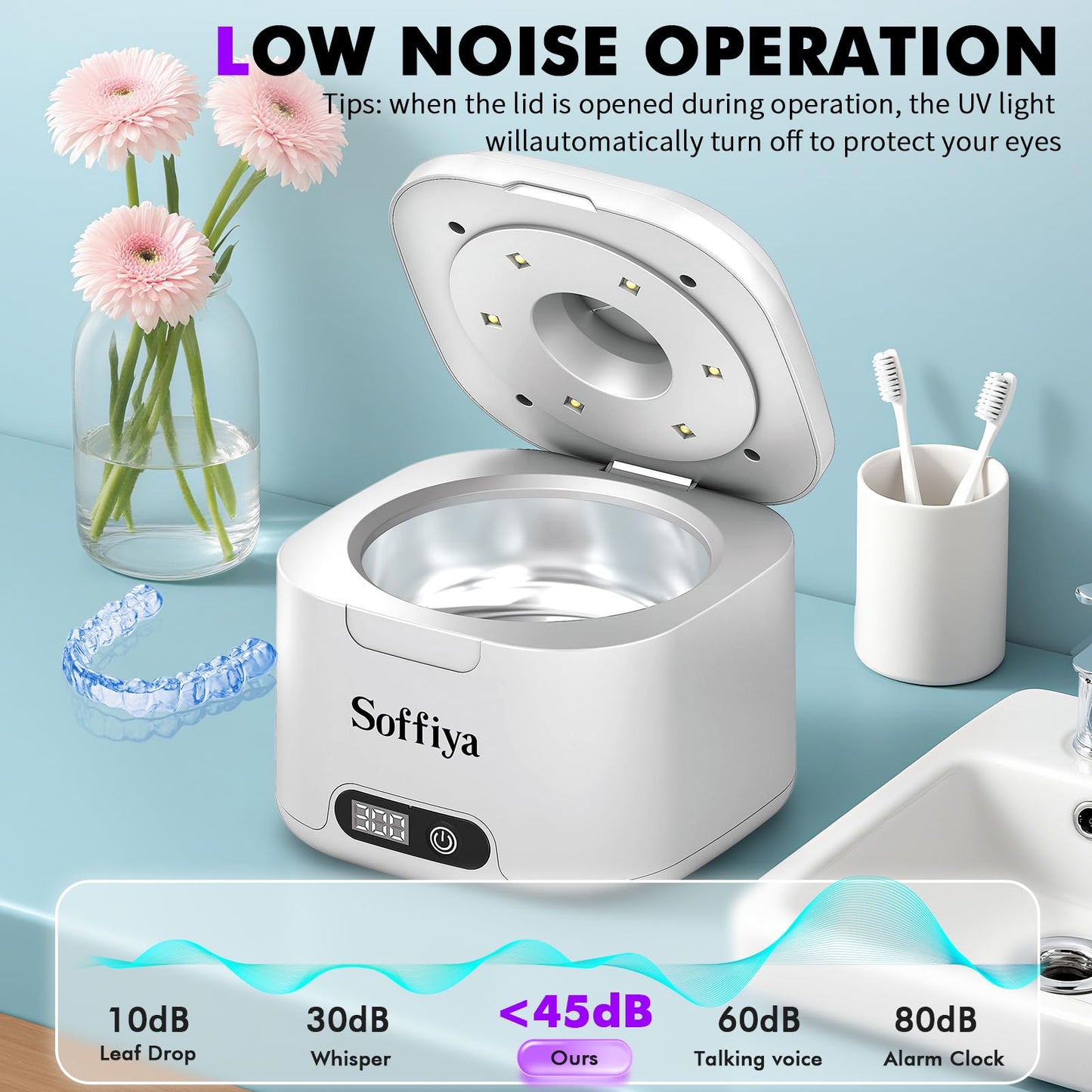 Soffiya 49kHz Dental Ultrasonic Retainer Cleaner โ 350ml UV Cleaning for Dentures, Mouth Guards, Aligners & Braces