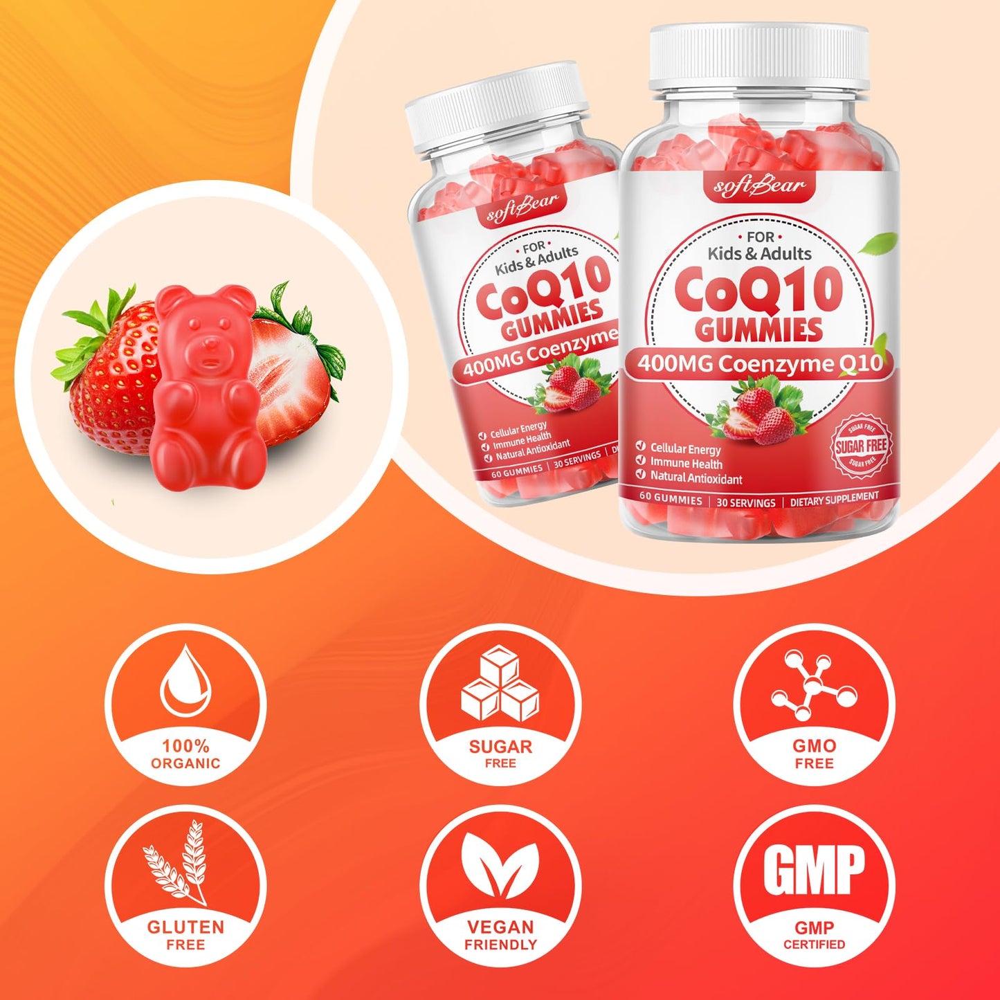 softbear CoQ10 Gummies 400mg โ High-Absorption CoQ10, Omega-3 & Zinc (Strawberry, 60 Count)