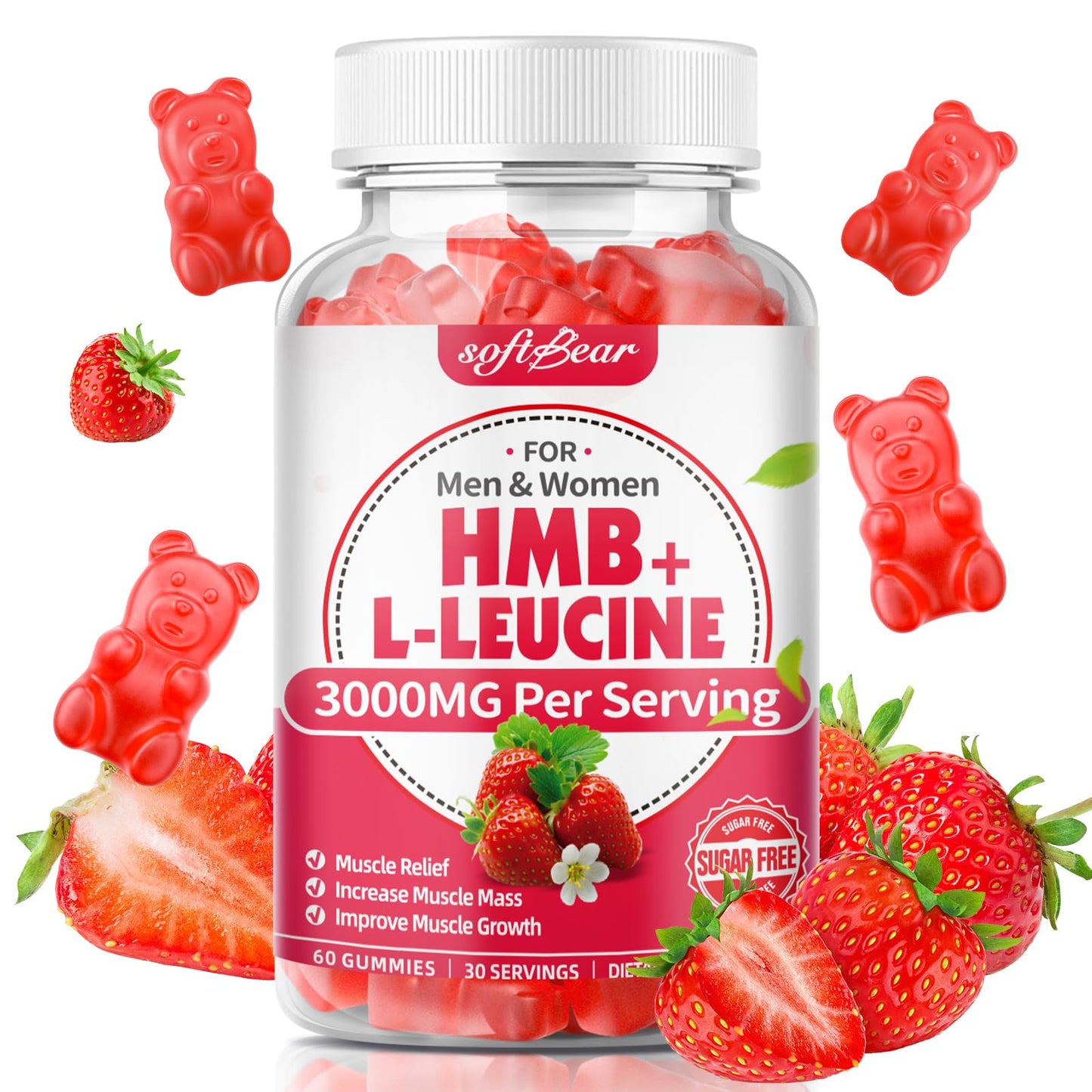 SoftBear HMB & Leucine Gummies β 3000mg HMB + Leucine for Muscle Growth & Recovery, Vegan, Gluten-Free, Non-GMO, Strawberry, 60 Count