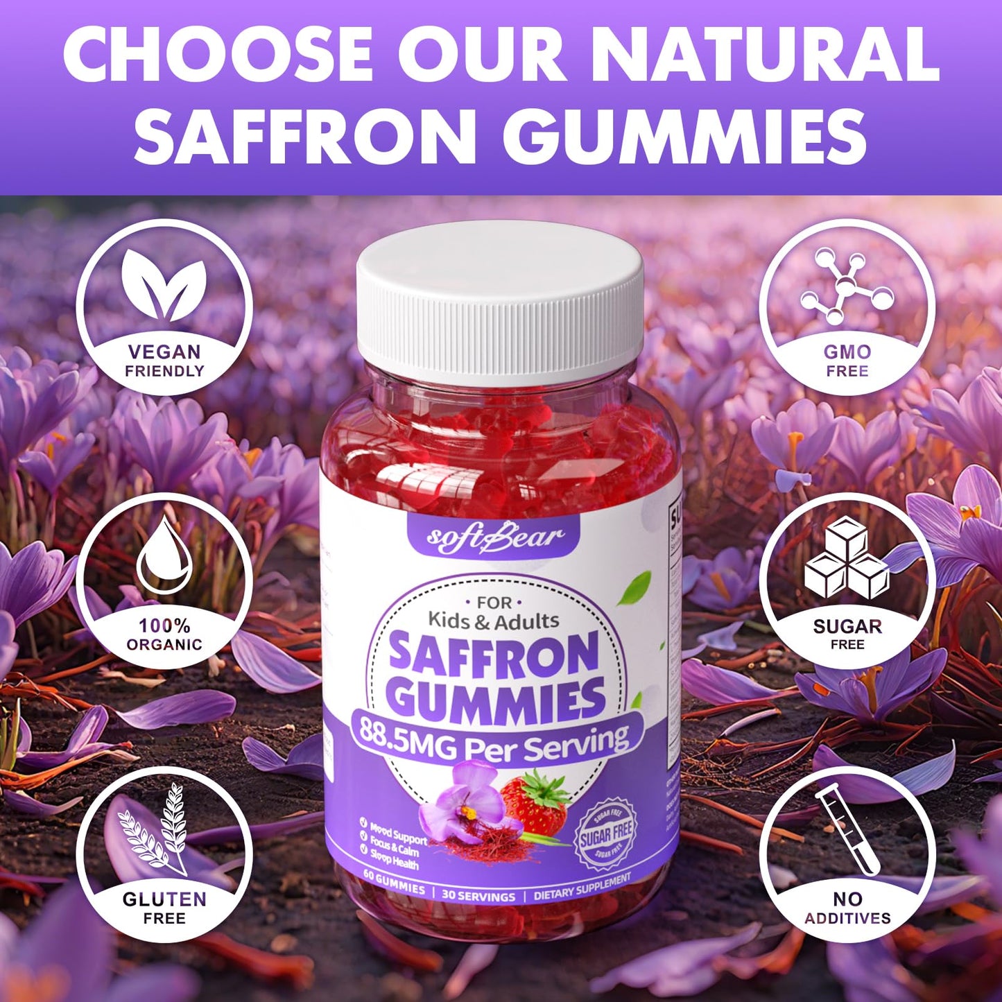 Softbear Saffron Gummies for Kids & Adults โ 10-in-1 Organic Saffron, 88.5mg, Sugar Free, Non-GMO, Strawberry, 60 Count