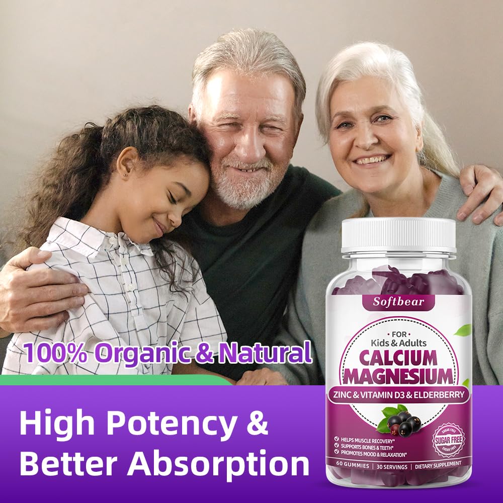 SoftBear Calcium Magnesium Zinc Gummies โ Sugar-Free Elderberry Flavor, 120 Count | Bone Health & Immune Support
