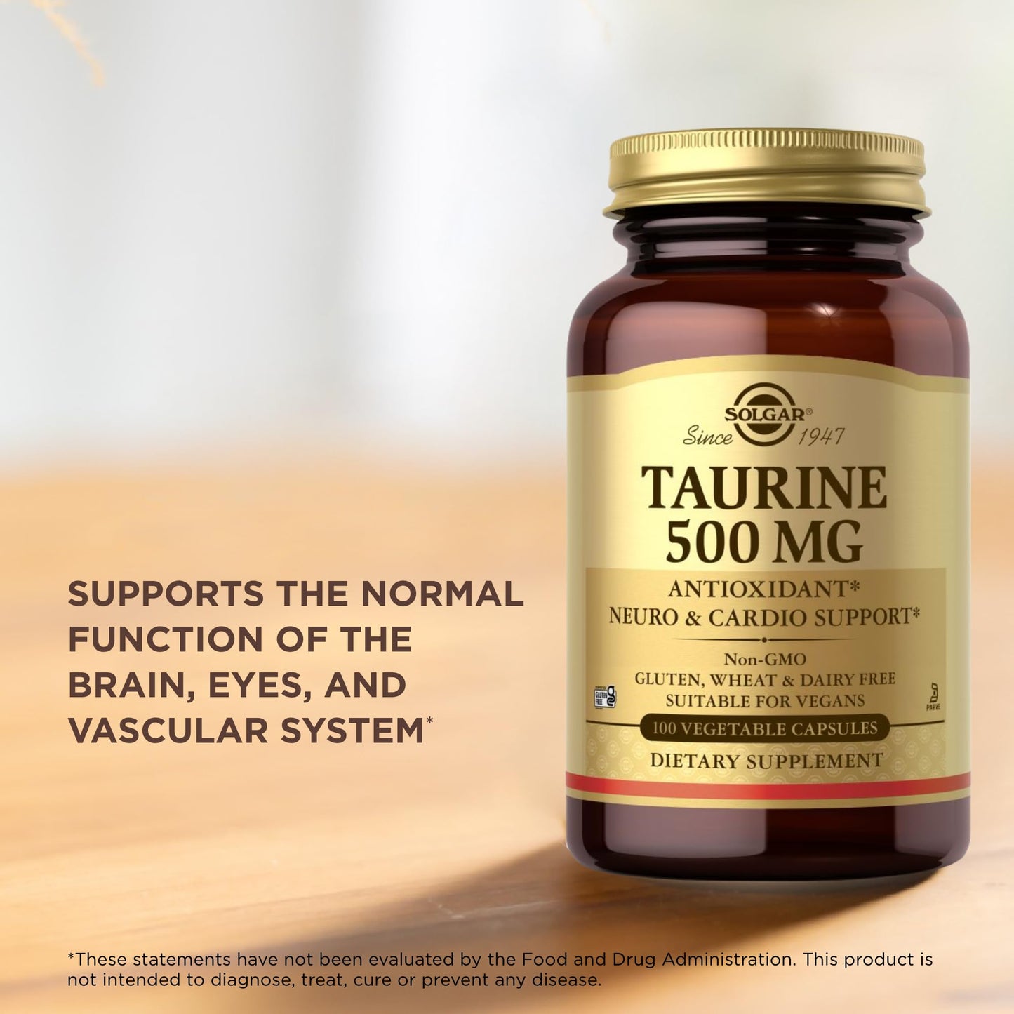 Solgar Taurine 500 mg โ 100 Veg Capsules | Antioxidant, Brain Health, Amino Acid | Vegan, Gluten Free, Dairy Free, Kosher