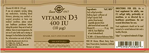 Solgar Vitamin D3 (Cholecalciferol) 10 mcg (400 IU) Softgels โ 100 Servings | Supports Bones, Teeth & Immune Health
