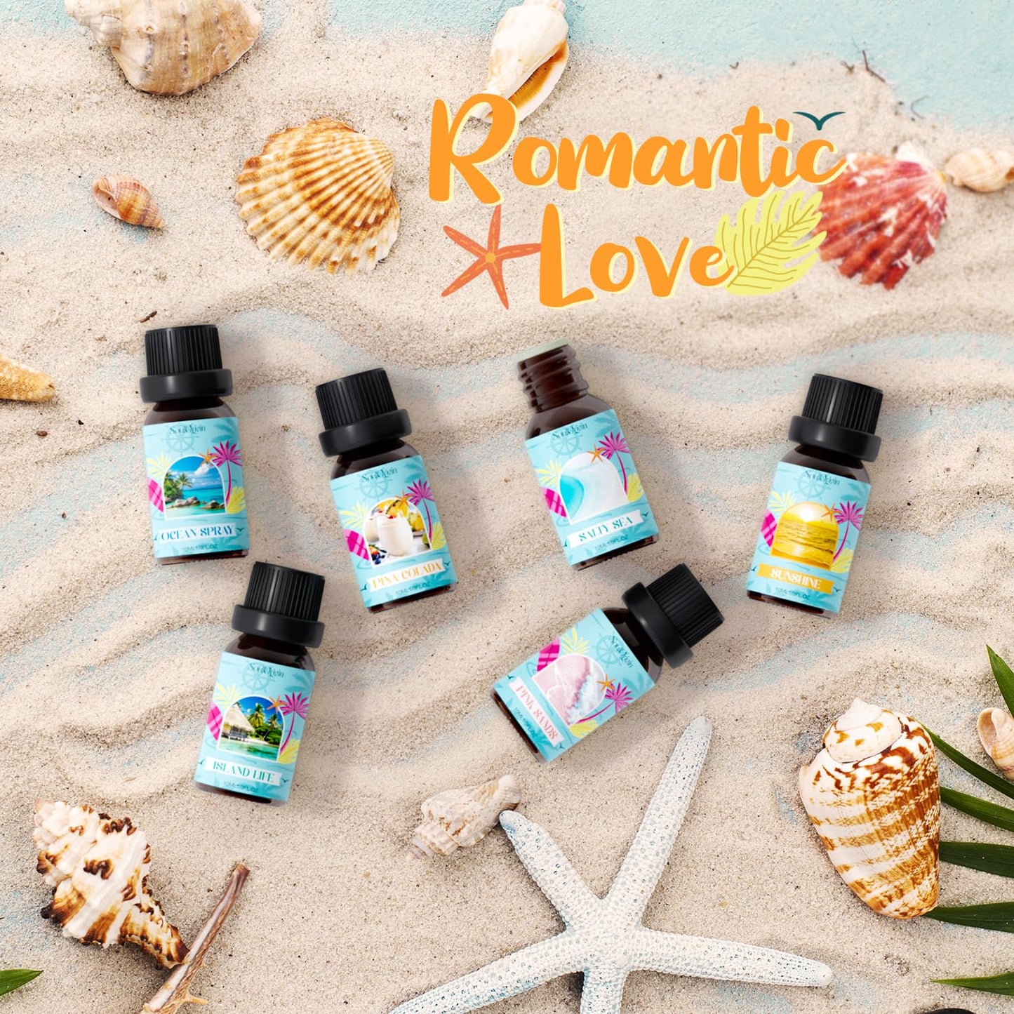 Soulorigin Beach Fragrance Oils Set โ Essential Oil Gift for Diffuser (Ocean Spray, Pink Sands, Salty Sea, Pina Colada, Island Life, Sunshine)