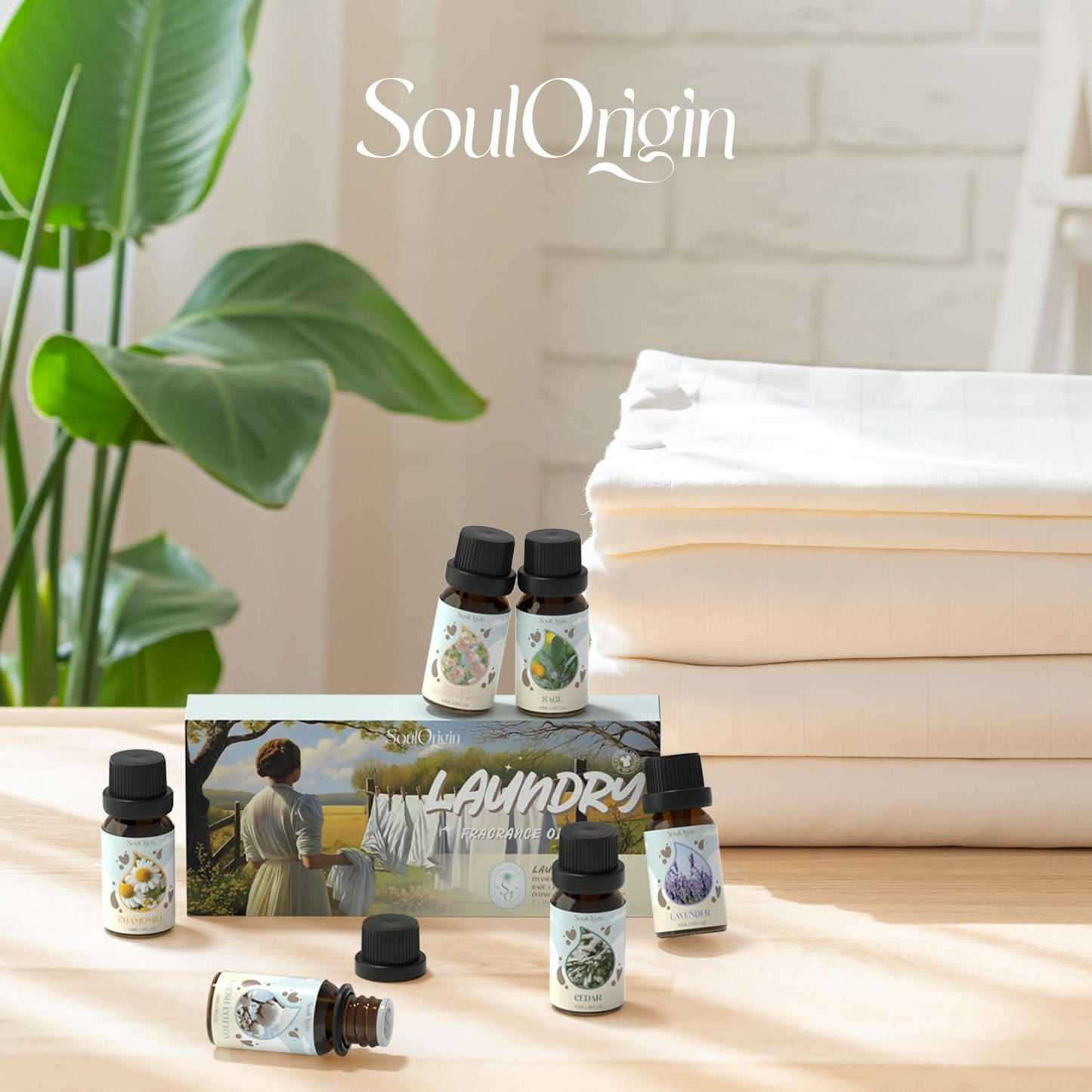 Soulorigin Laundry Fragrance Oils Set โ Essential Oil Gift for Diffusers & Dryer Balls (Chamomile, Fresh Cotton, Sage, Cedar, Lavender, Cherry Soap)