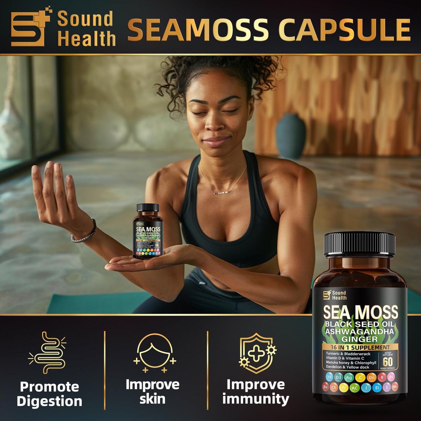 SoundHealth Sea Moss Capsules โ 8000mg Sea Moss, 4000mg Black Seed, 2000mg Ashwagandha, Turmeric & Burdock, Vitamin C & D3 (30 Days)