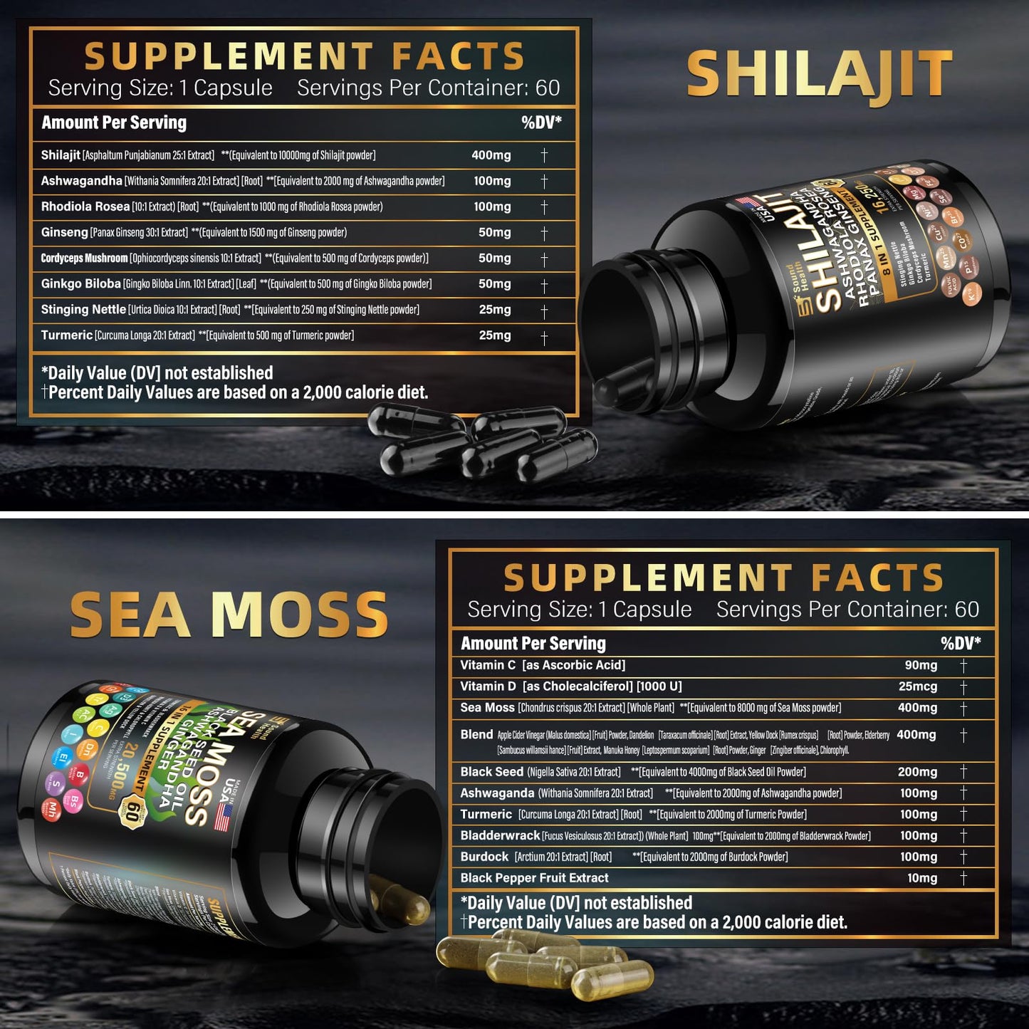 SoundHealth Wild Organic Irish Sea Moss & Shilajit โ 2 Bottles, 60 Capsules