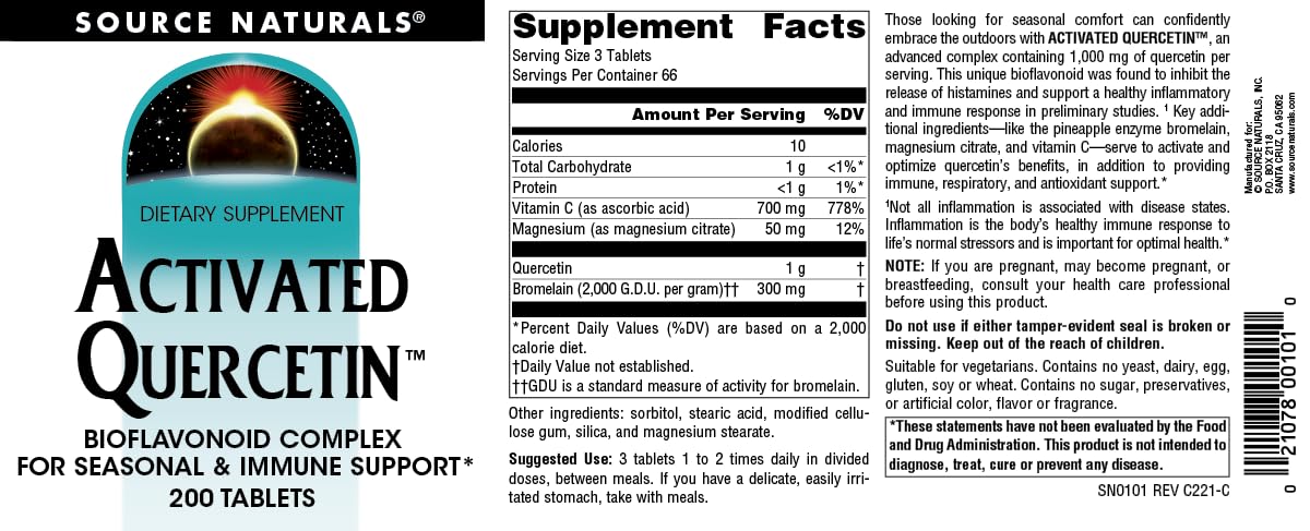 Source Naturals Activated Quercetin β Plant-Derived Bioflavonoid Complex | Seasonal & Immune Defense | 200 Vegetarian-Friendly Tablets