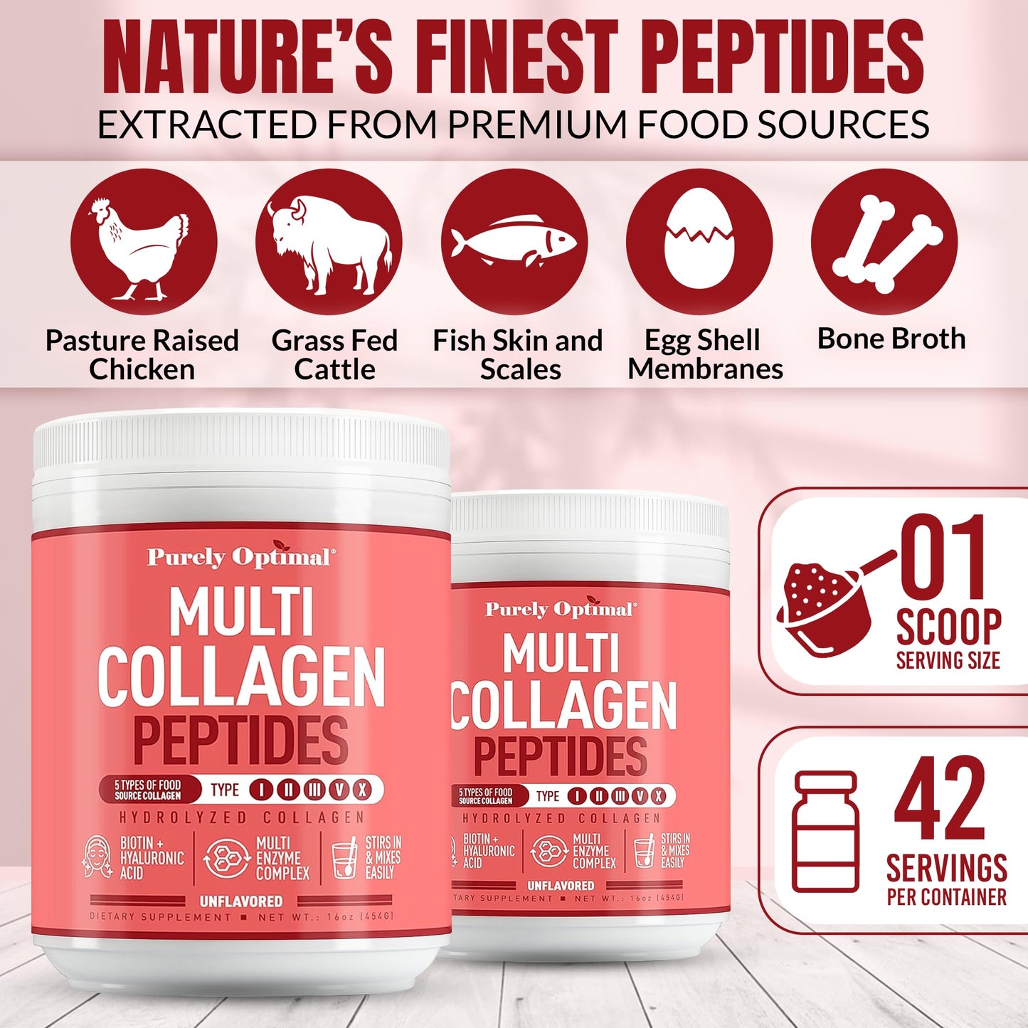 Purely Optimal Multi Collagen Powder for Women โ 5 Types, Biotin & Hyaluronic Acid (Unflavored, 42 Servings)