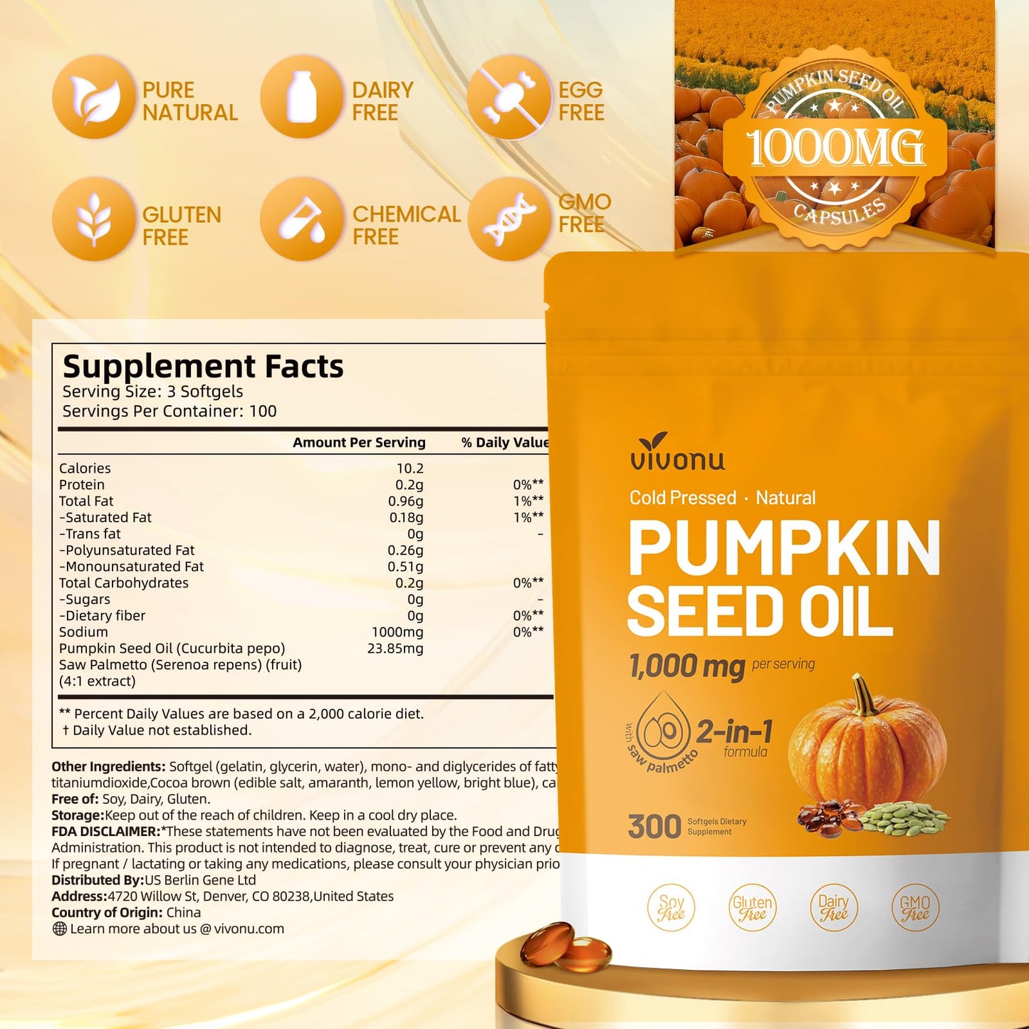 Pumpkin Seed Oil with Saw Palmetto โ Cold-Pressed, 300 Softgels, Non-GMO