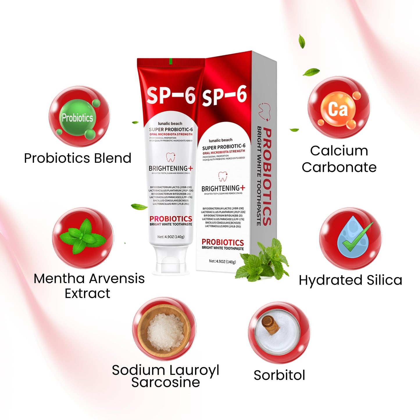 SP6 Toothpaste 3-Pack โ Probiotic Whitening, Gum Health, Fluoride-Free, Mint 4.9 oz