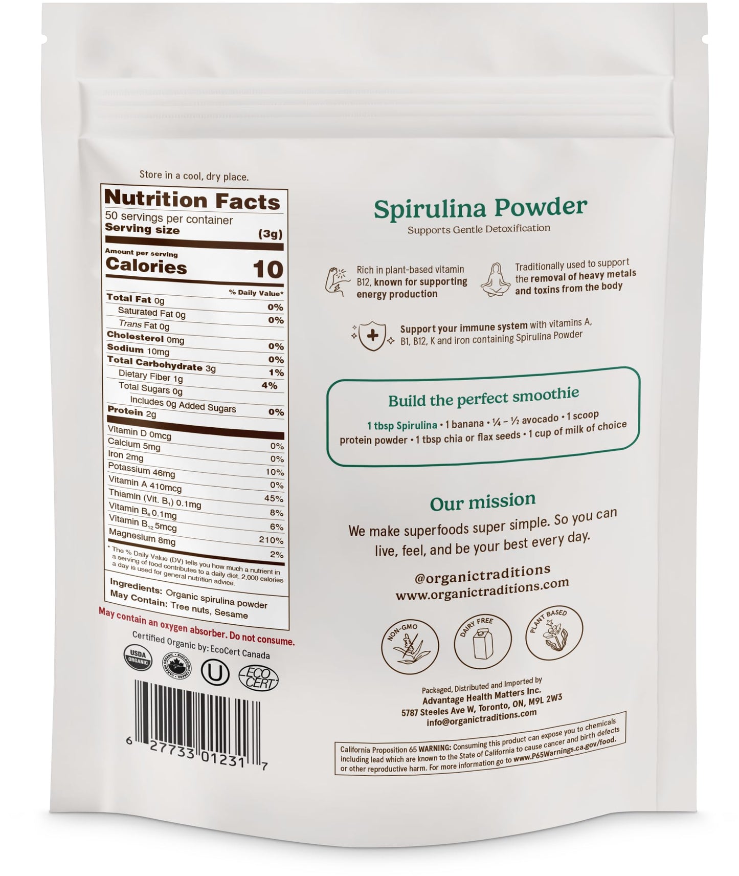 Organic Traditions Spirulina Powder โ Organic, Vegan & Non-GMO, 5.3oz (150g) Bag | 50 Servings