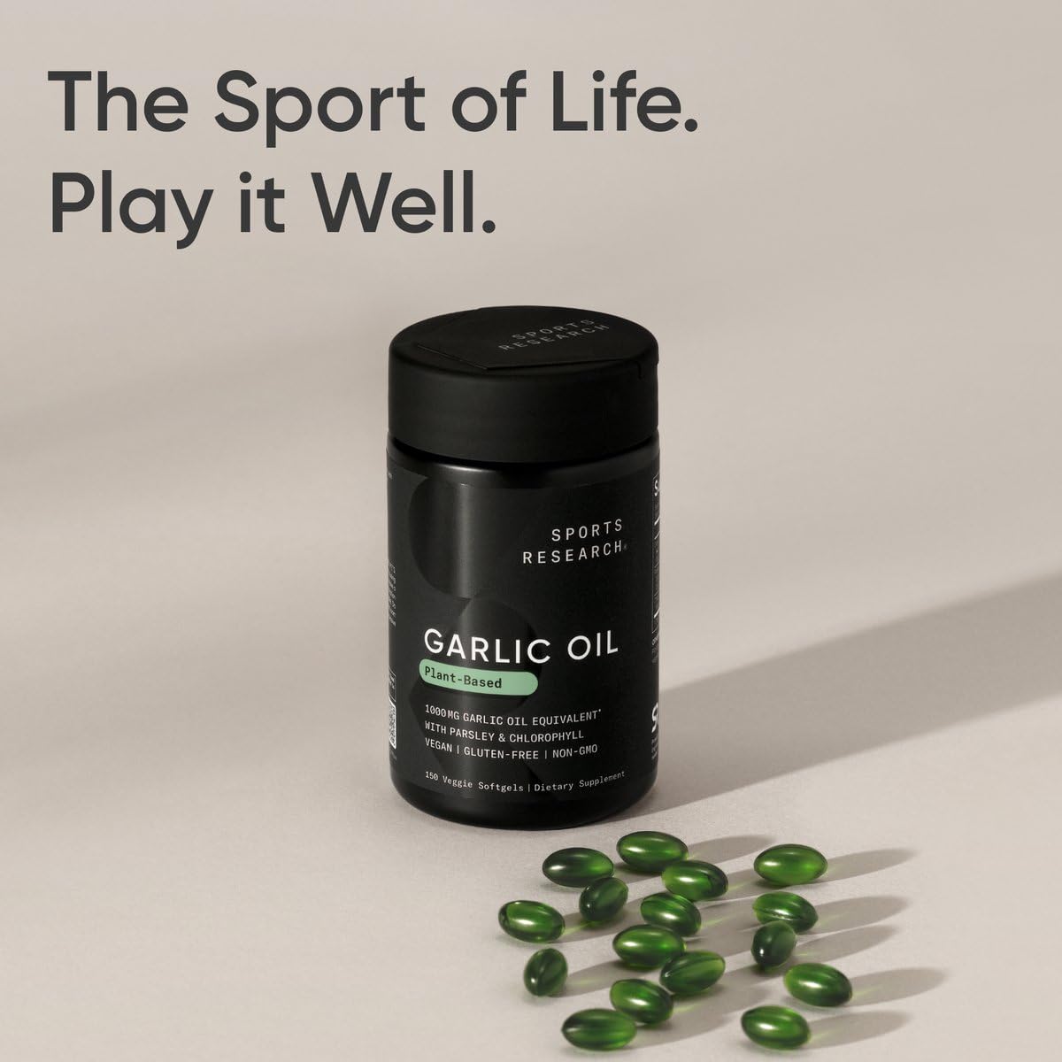 Sports Research Odorless Garlic Oil Pills 1000mg with Parsley & Chlorophyll โ Non-GMO, Vegan, Gluten Free (2 x 150 Plant Gels)