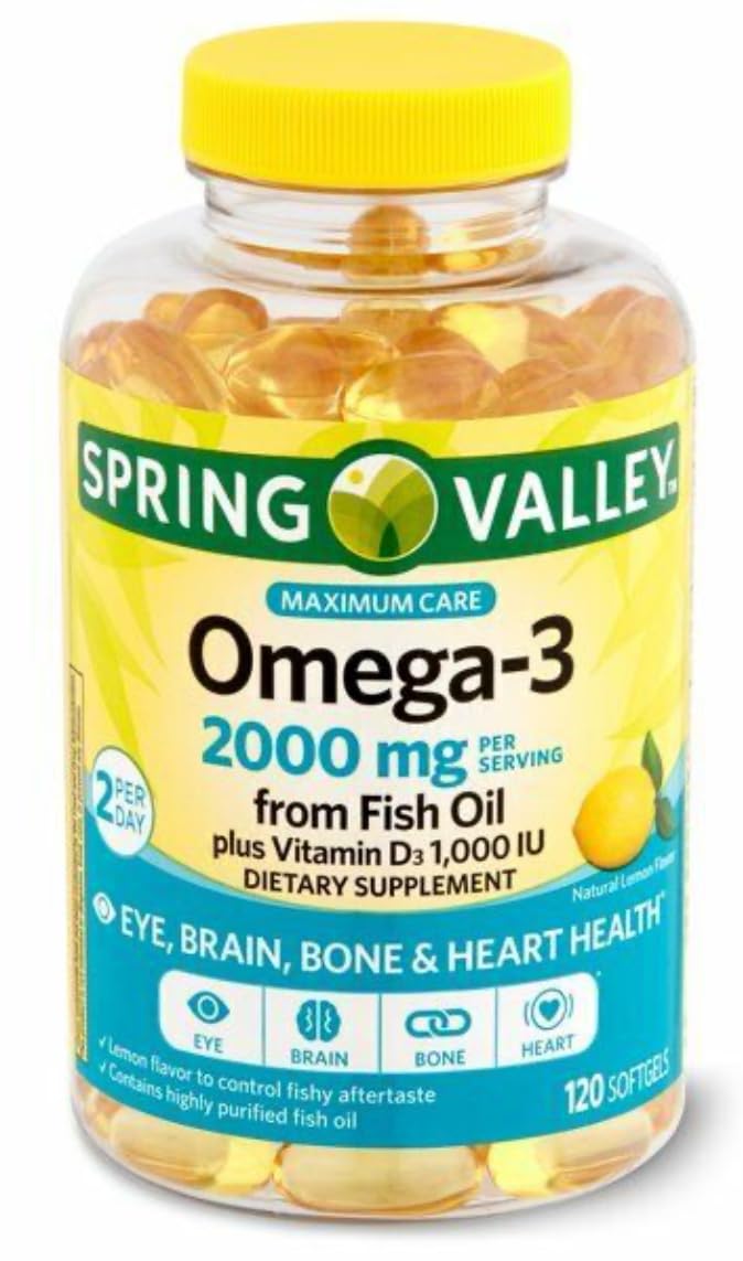 Spring Valley Omega-3 Fish Oil 2000 mg โ Lemon, Eye, Brain & Heart Health | 180 Softgels (Pack of 2)