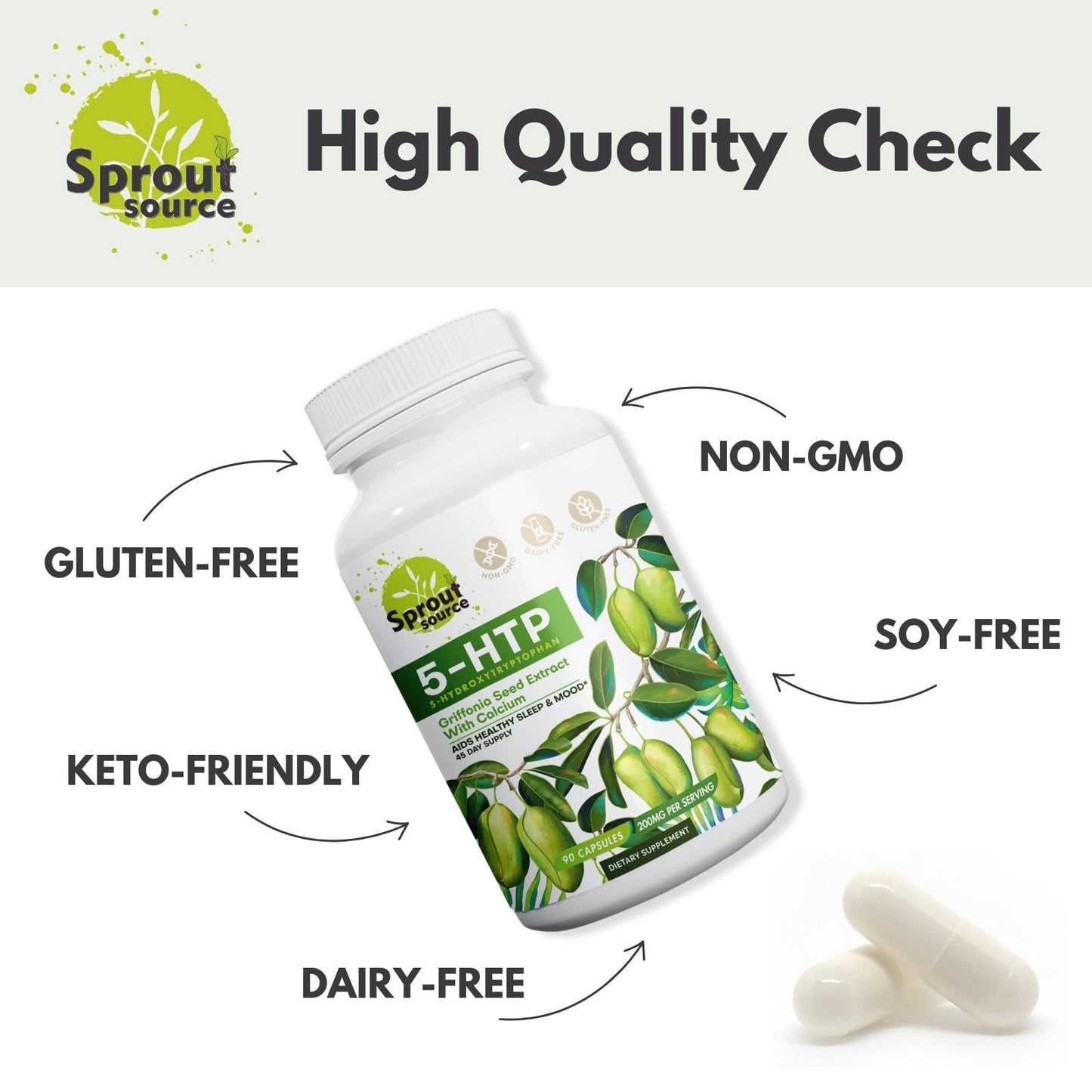 Sprout Source 5-HTP 200mg โ Sleep & Mood Support | 90 Capsules