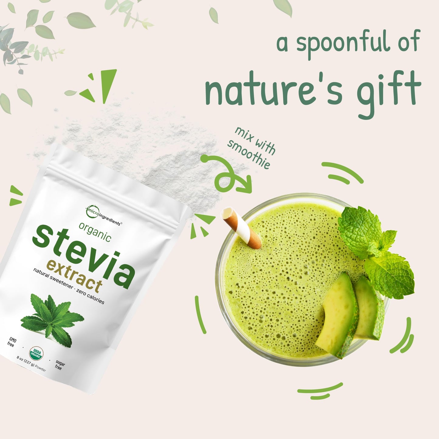 Pure Organic Stevia Powder 8 oz โ Reb-A, Zero Calorie Keto Sweetener