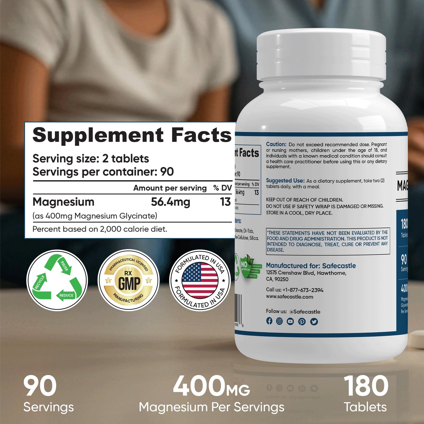 400 mg Magnesium Glycinate โ 180 Tablets | High Absorption, Non-GMO