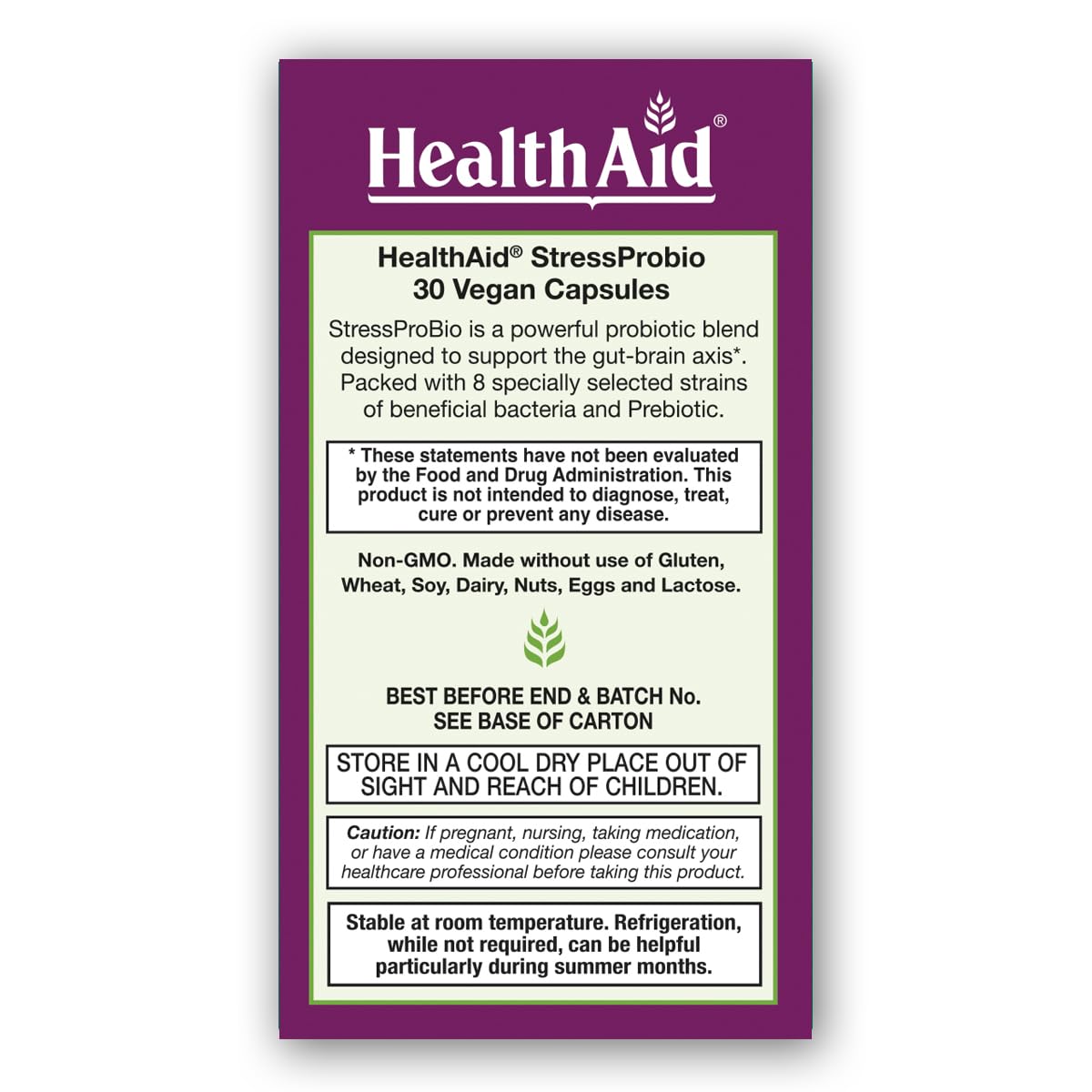 HealthAid StressProbio โ Gut-Brain Probiotic, 30 Billion CFU, 8 Vegan Strains