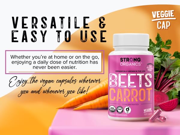 Strong Organics Beet & Carrot Capsules โ Nitric Oxide Booster | USA Grown, 120 Vegan Caps