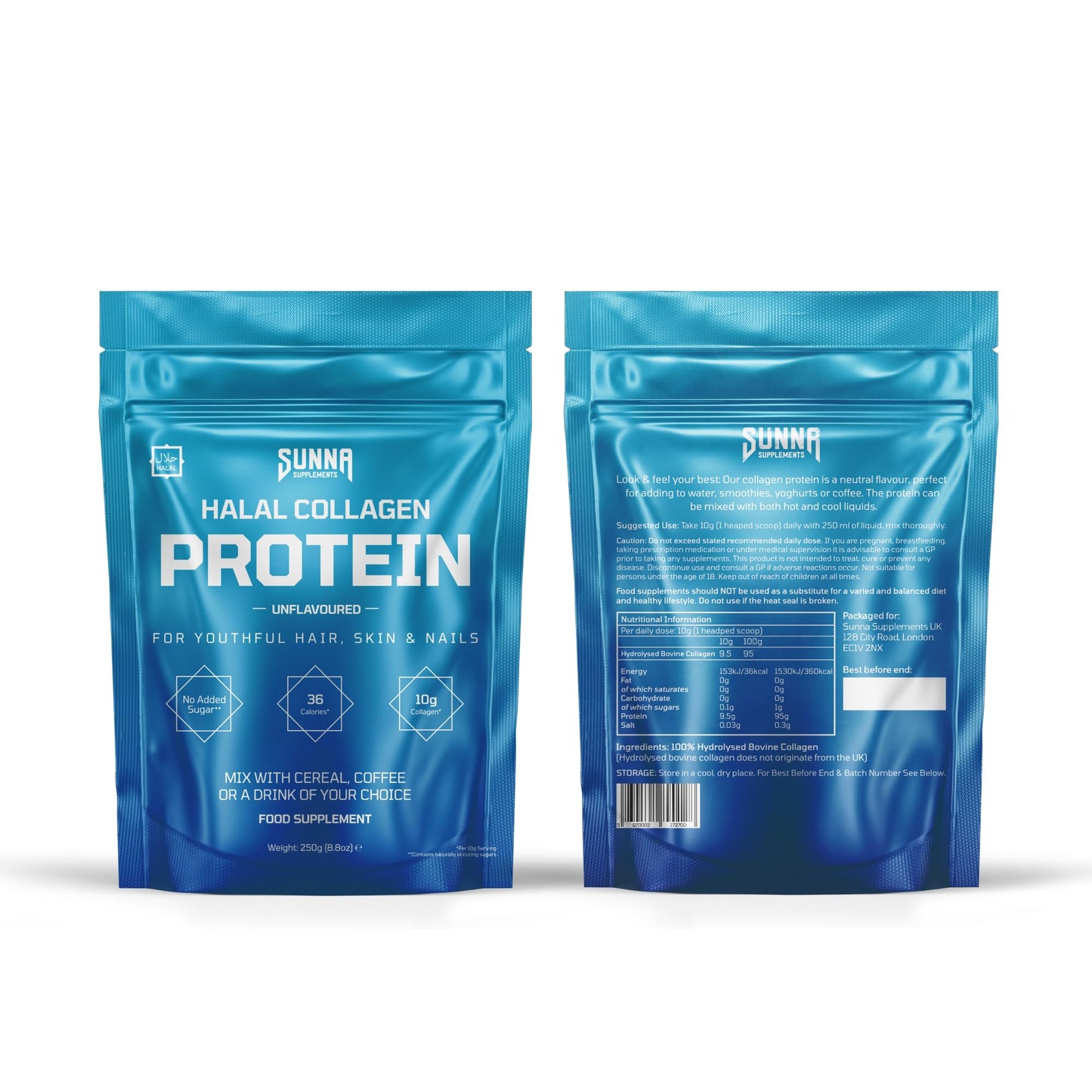 SUNNA SUPPLEMENTS Grass-Fed Halal Collagen Powder โ Type I & III Peptides for Hair, Skin, Nails & Joints | Unflavored