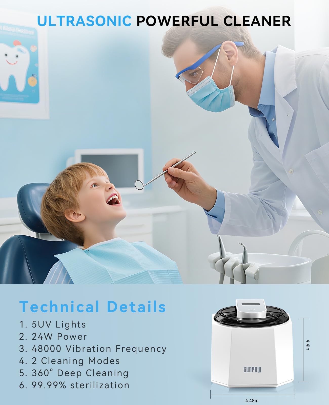SUNPOW Ultrasonic Retainer Cleaner โ 48kHz, 5 UV Lights, 220ml Cleaning Pod