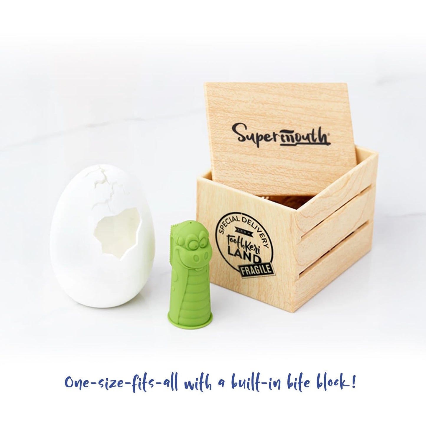 SuperMouth Bristles Baby Finger Brush โ Soft Silicone, Bite Block, AR App