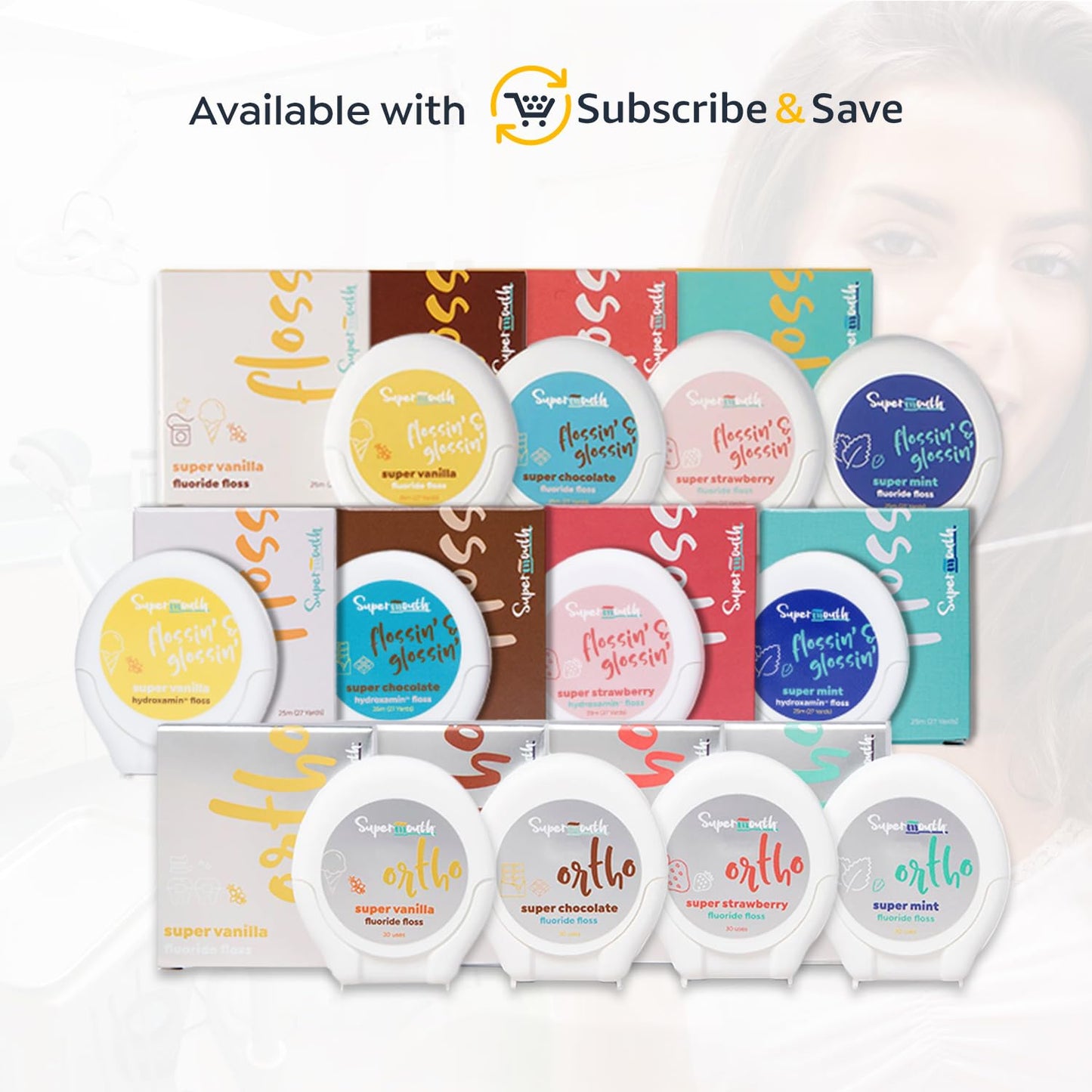 SuperMouth Ortho Floss โ Patented Expanding Floss with Fluoride, Nano-Hydroxyapatite & Xylitol | 4 Flavors