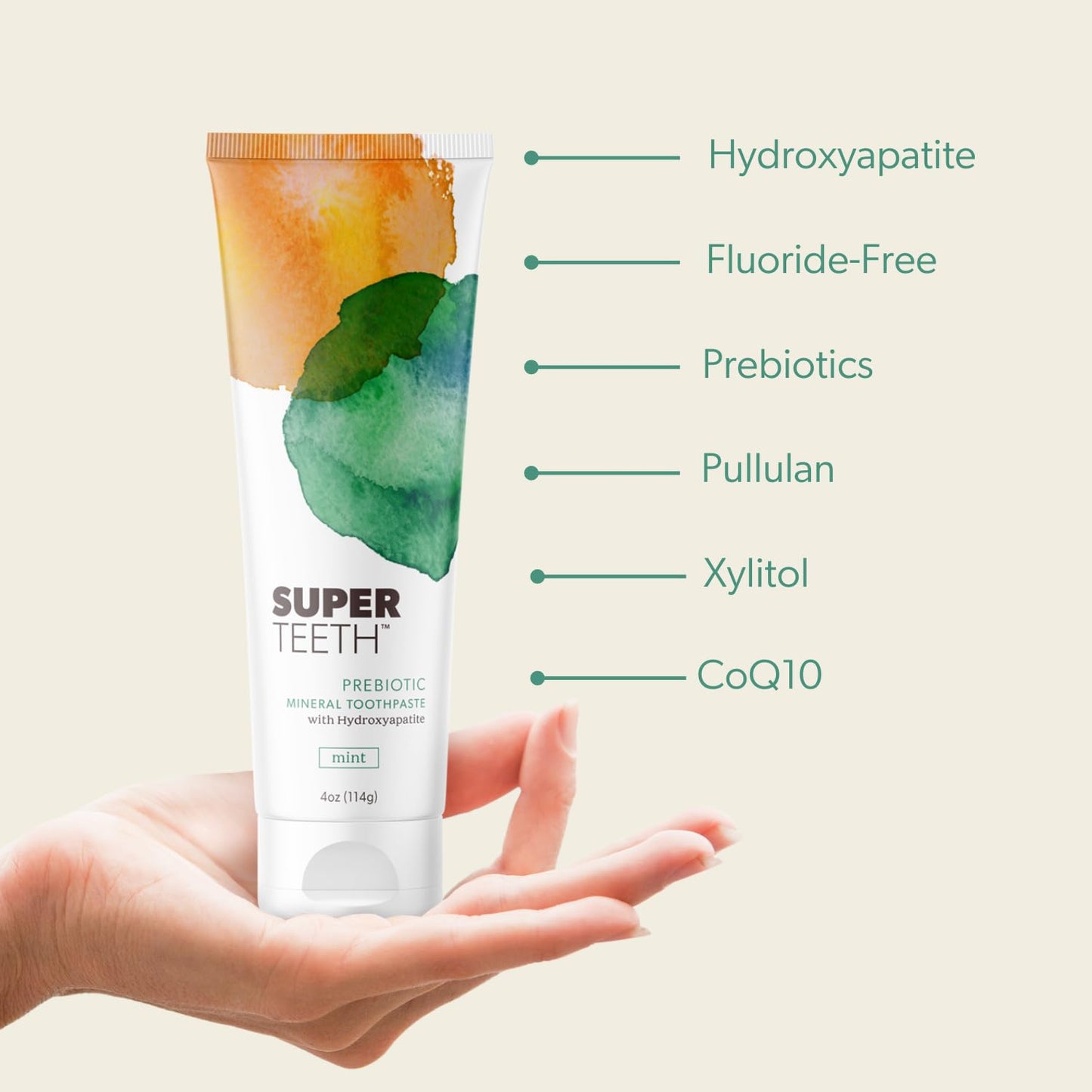 SuperTeeth Prebiotic Mineral Toothpaste โ Hydroxyapatite, Fluoride Free, USA-Made